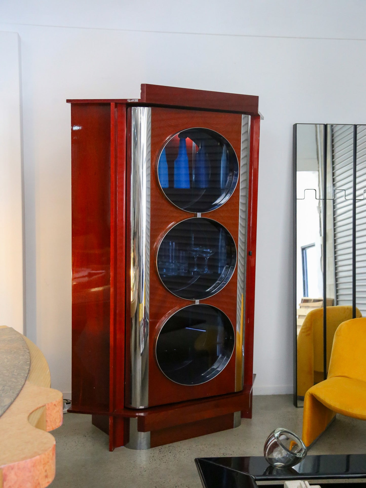 Rotating Dry Bar Cabinet by Willy Rizzo in Wood & Chrome