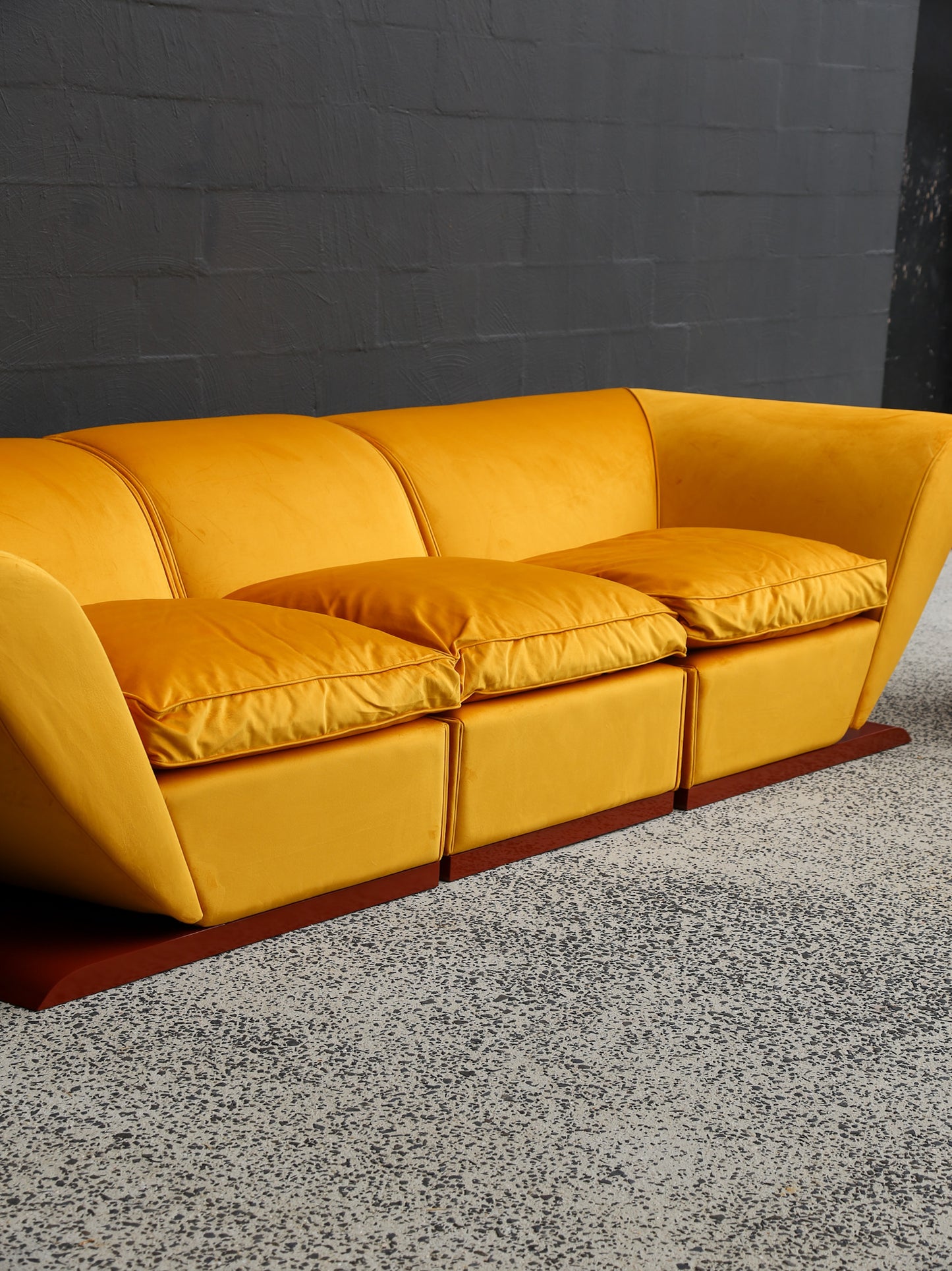 Marzio Cecchi Custom Floating Five Seater Sofa in Mustard Yellow Velvet