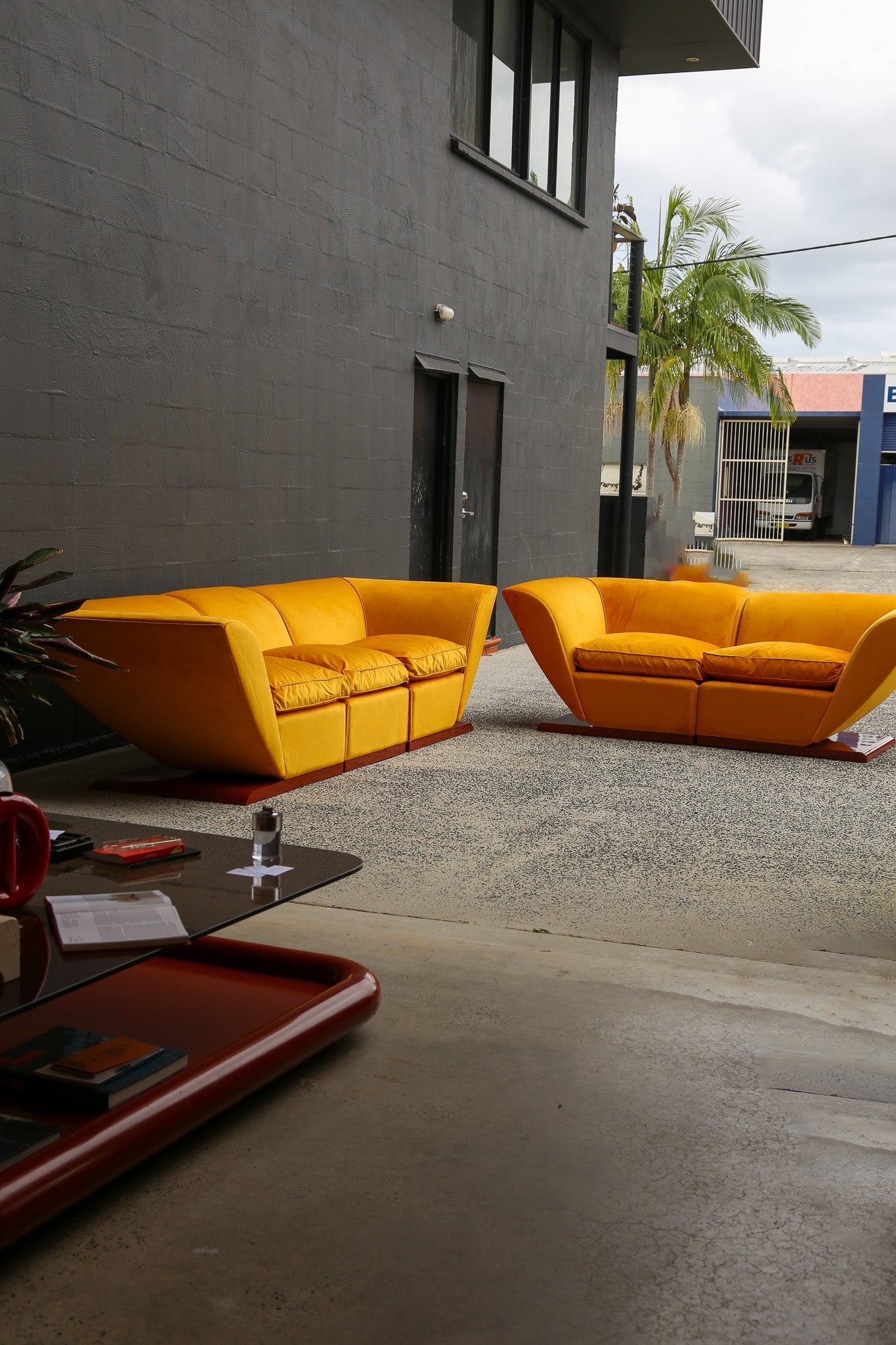 Marzio Cecchi Custom Floating Five Seater Sofa in Mustard Yellow Velvet