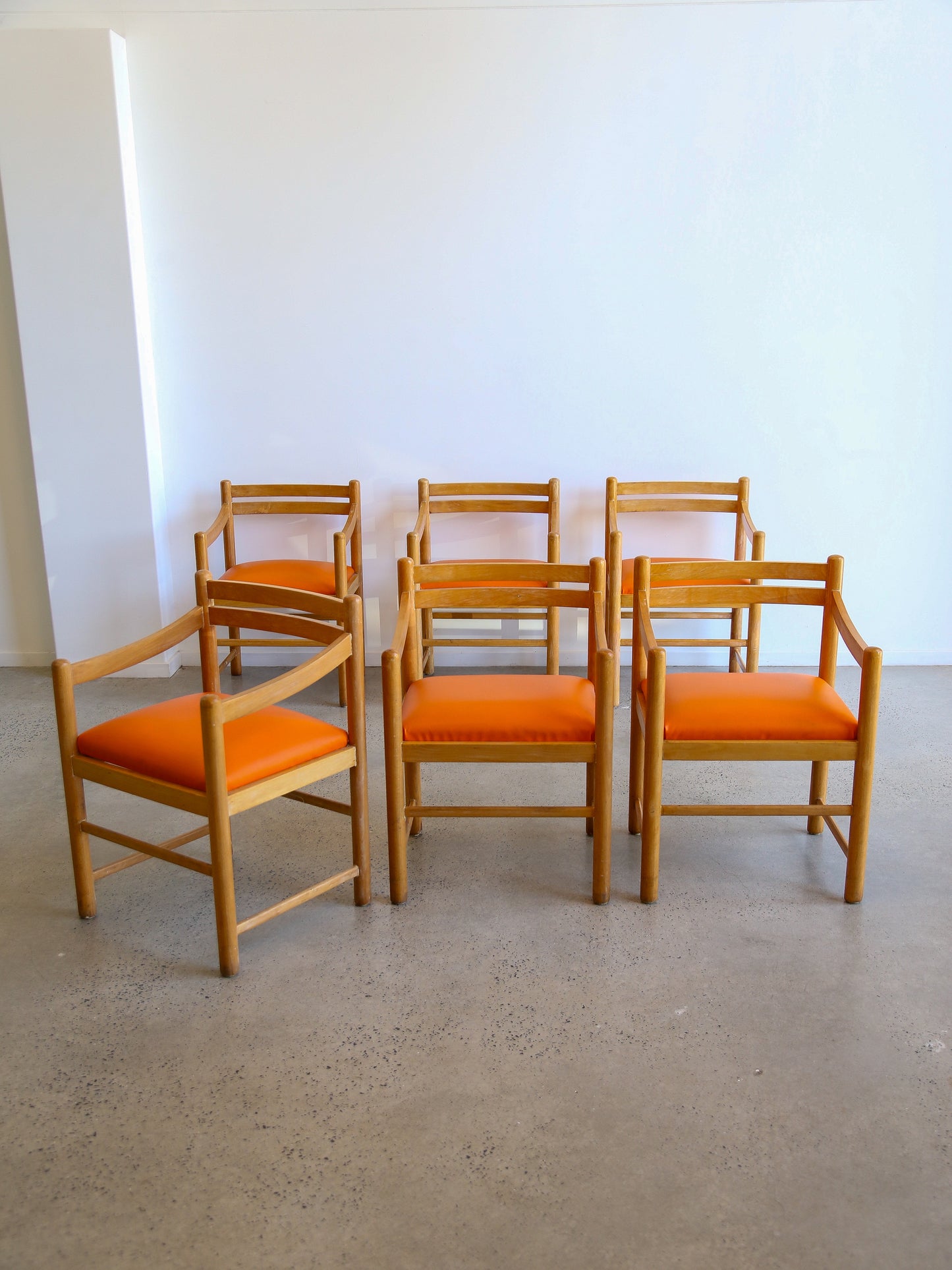 Set of Six Dining Chairs in Rosewood & Orange Leather Cushions 1960s