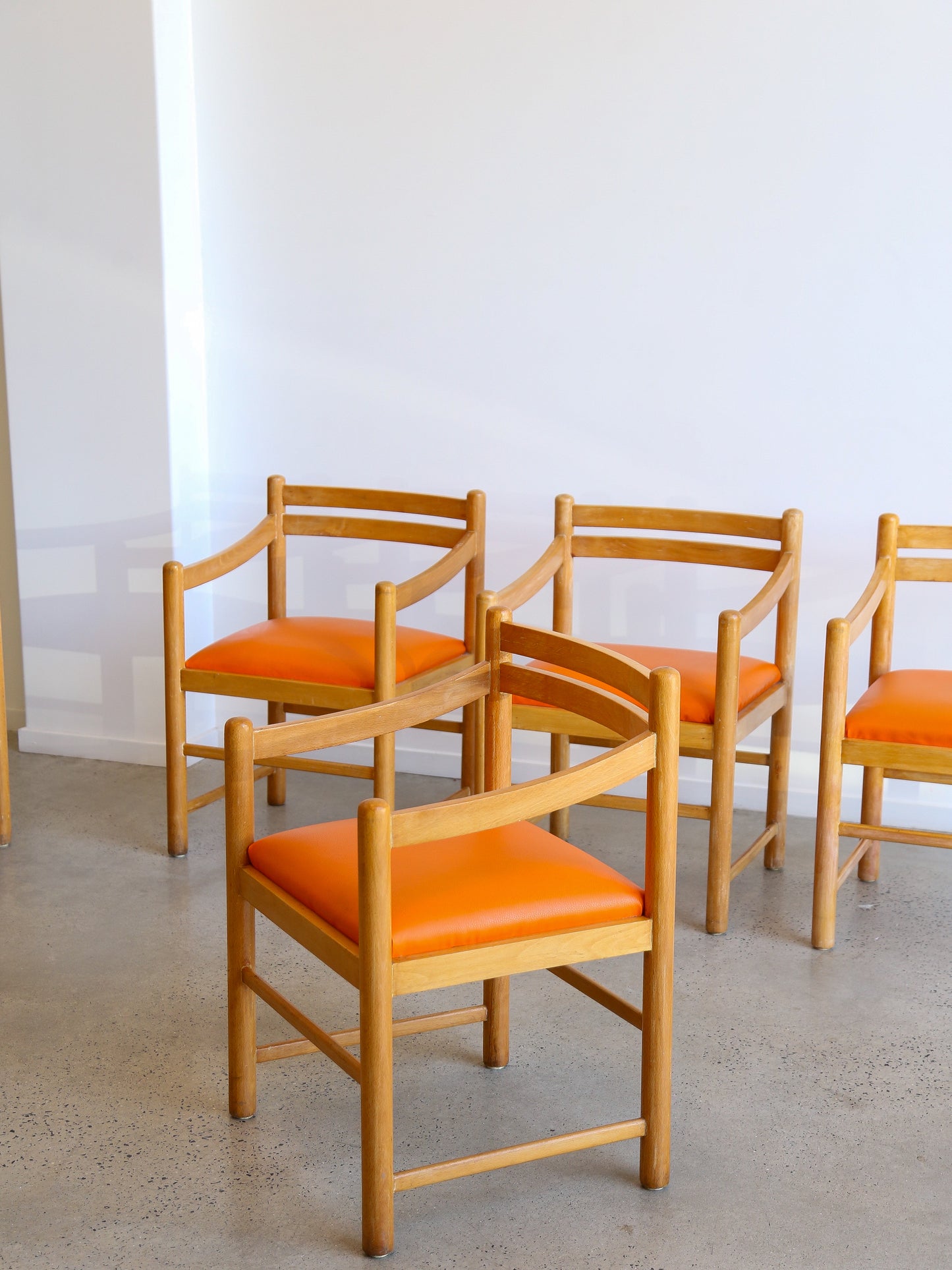 Set of Six Dining Chairs in Rosewood & Orange Leather Cushions 1960s