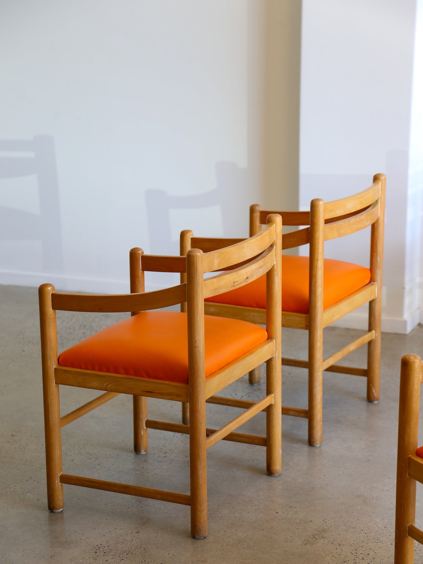 Set of Six Dining Chairs in Rosewood & Orange Leather Cushions 1960s