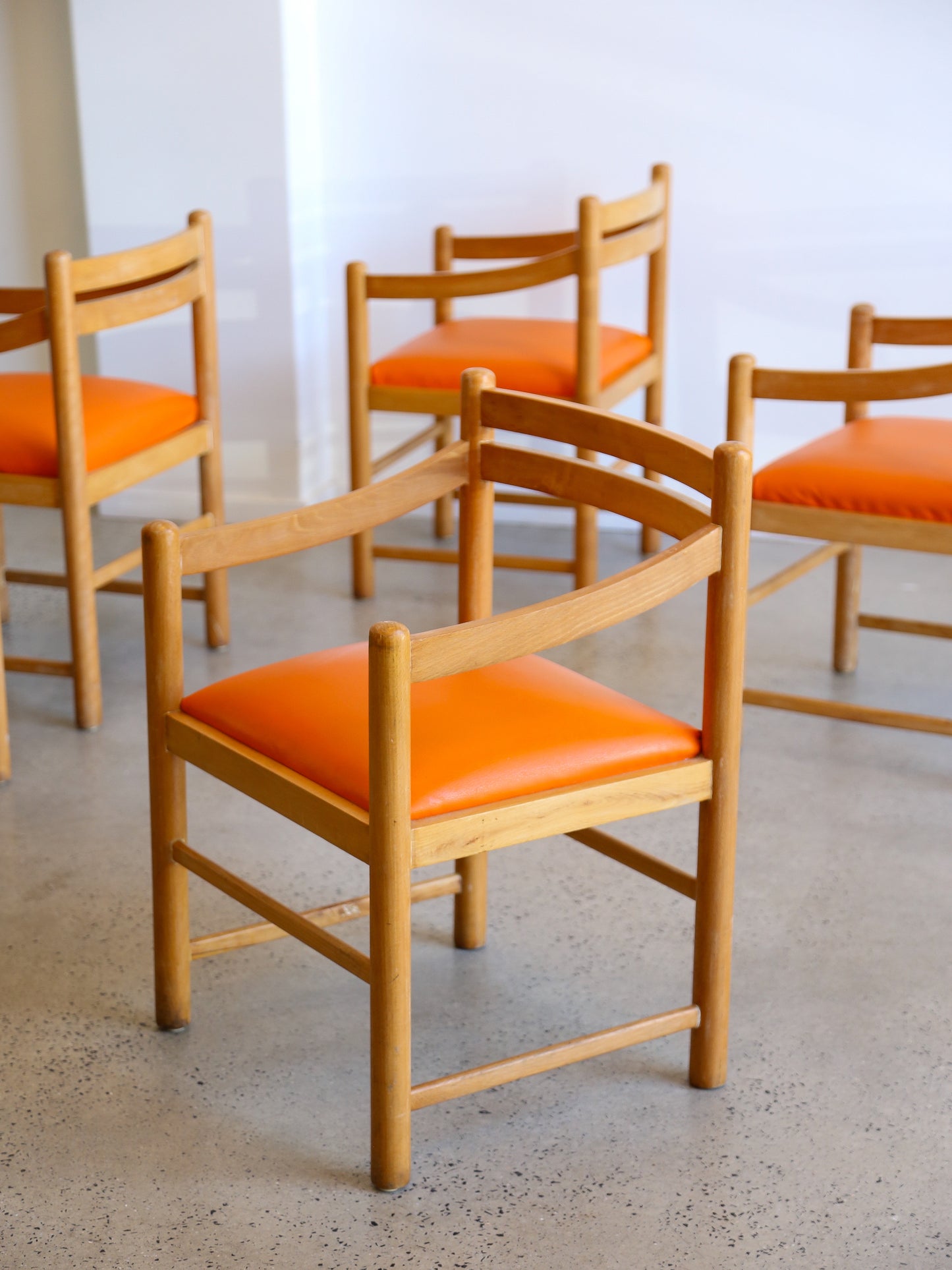 Set of Six Dining Chairs in Rosewood & Orange Leather Cushions 1960s