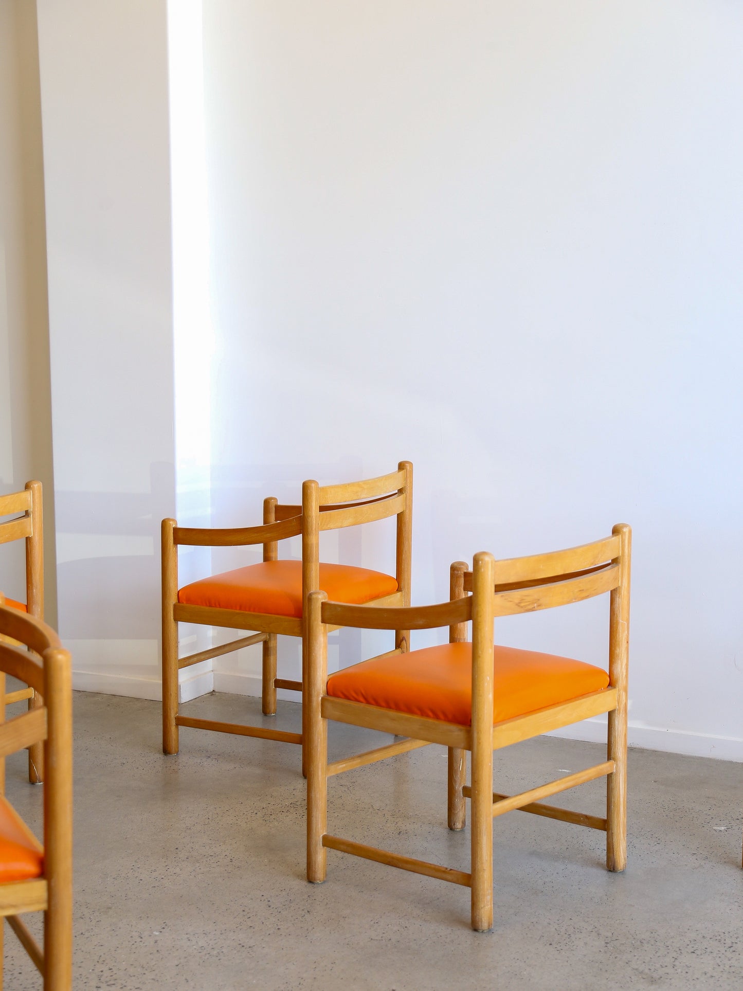 Set of Six Dining Chairs in Rosewood & Orange Leather Cushions 1960s