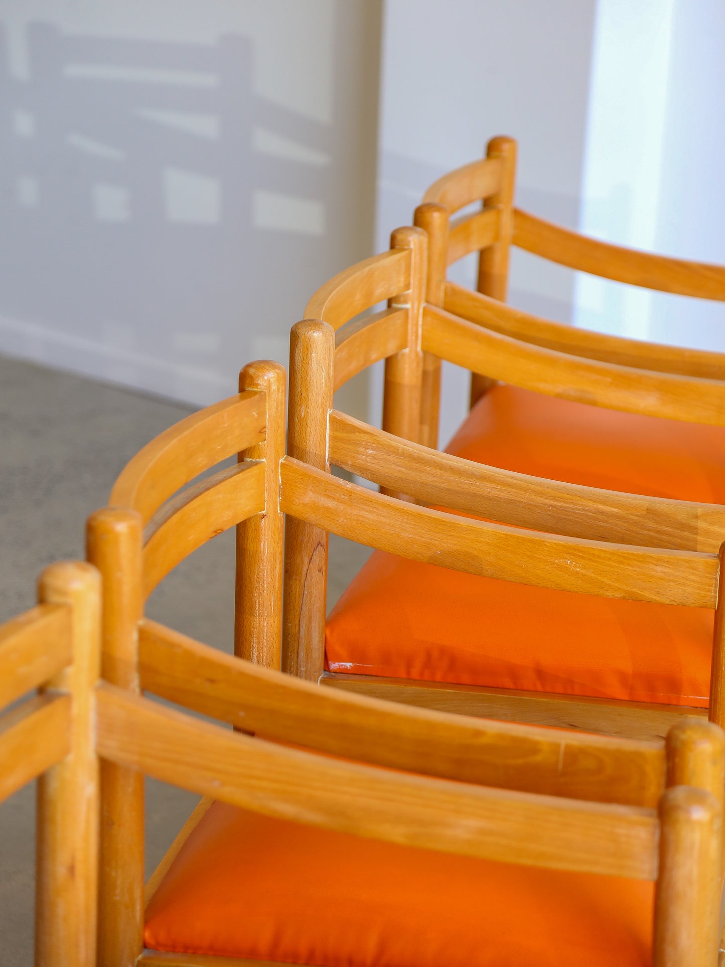 Set of Six Dining Chairs in Rosewood & Orange Leather Cushions 1960s