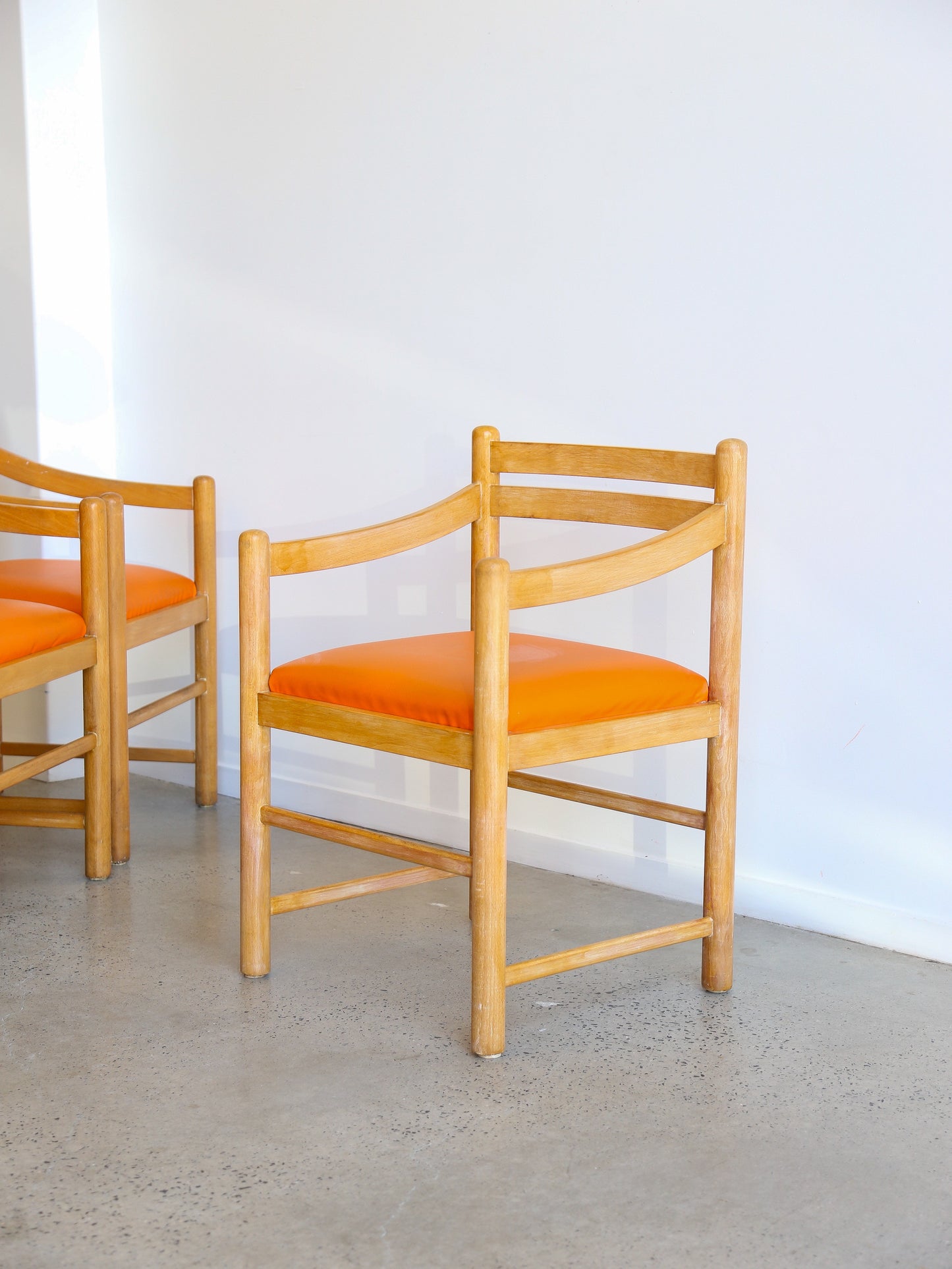 Set of Six Dining Chairs in Rosewood & Orange Leather Cushions 1960s