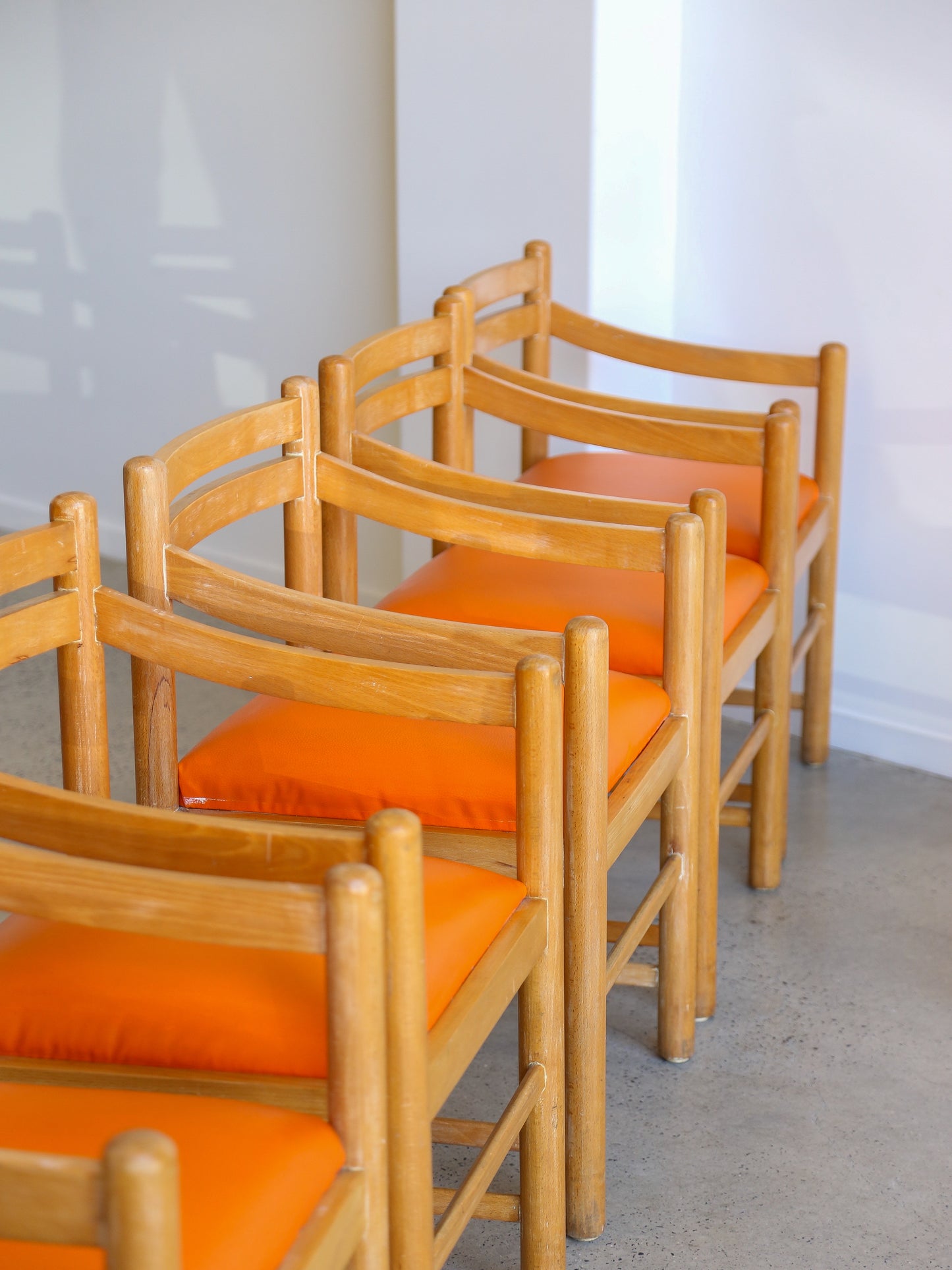 Set of Six Dining Chairs in Rosewood & Orange Leather Cushions 1960s