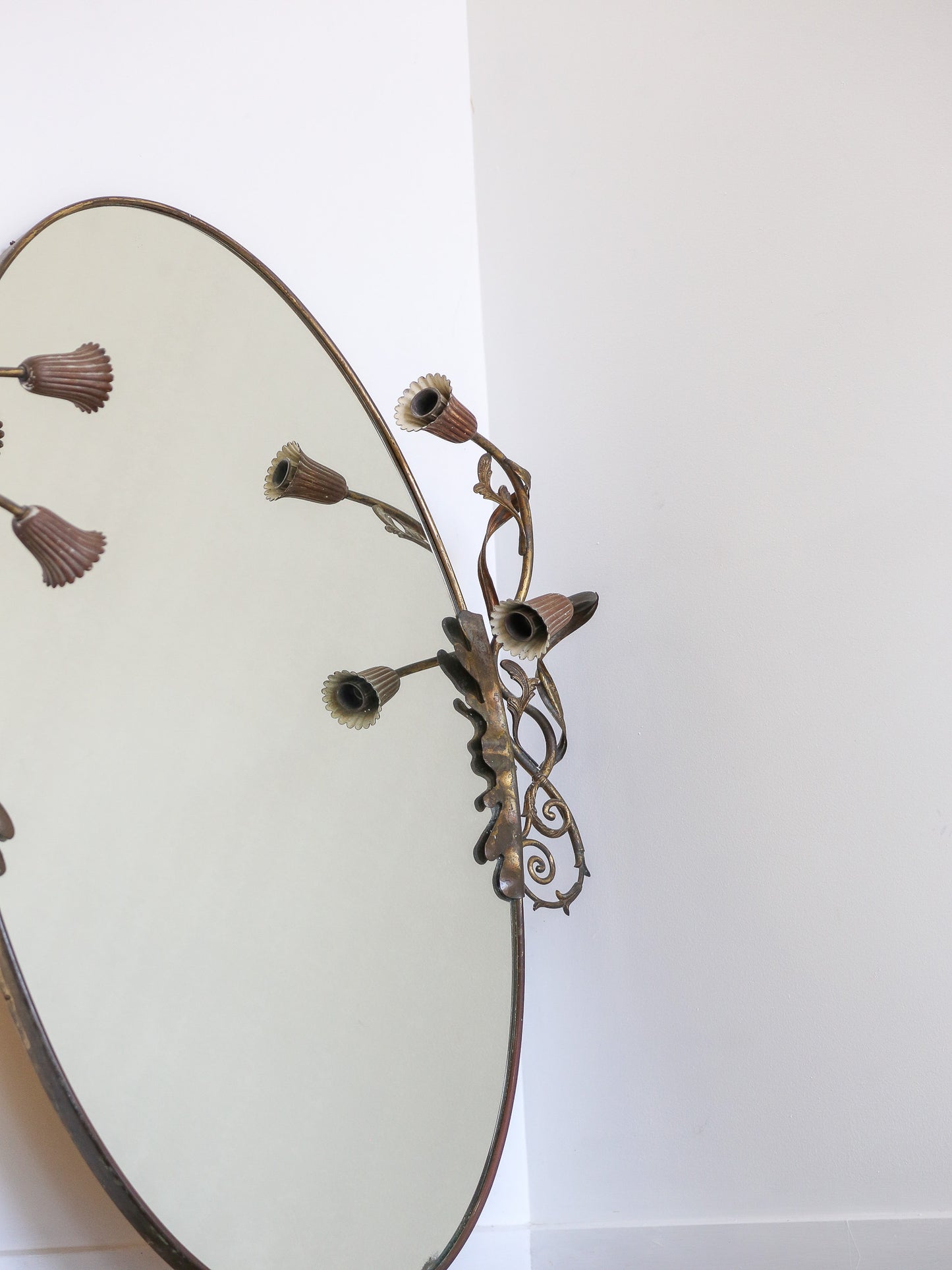 Italian Art Deco Brass Oval Wall Mirror with Lights