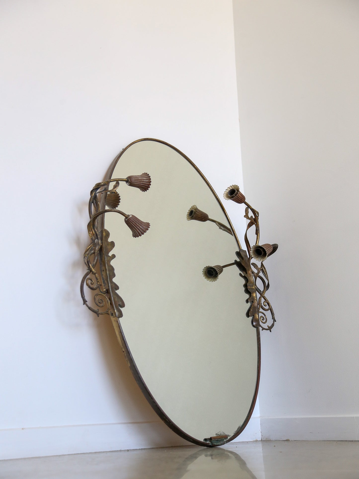 Italian Art Deco Brass Oval Wall Mirror with Lights