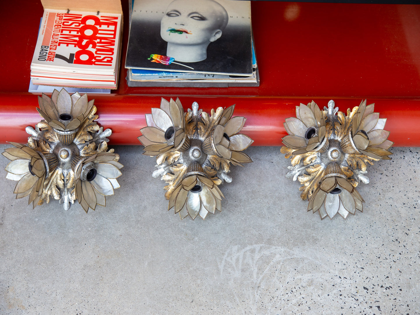 Set of Three Italian Floral Sconces in Gilt Iron by Banci Firenze