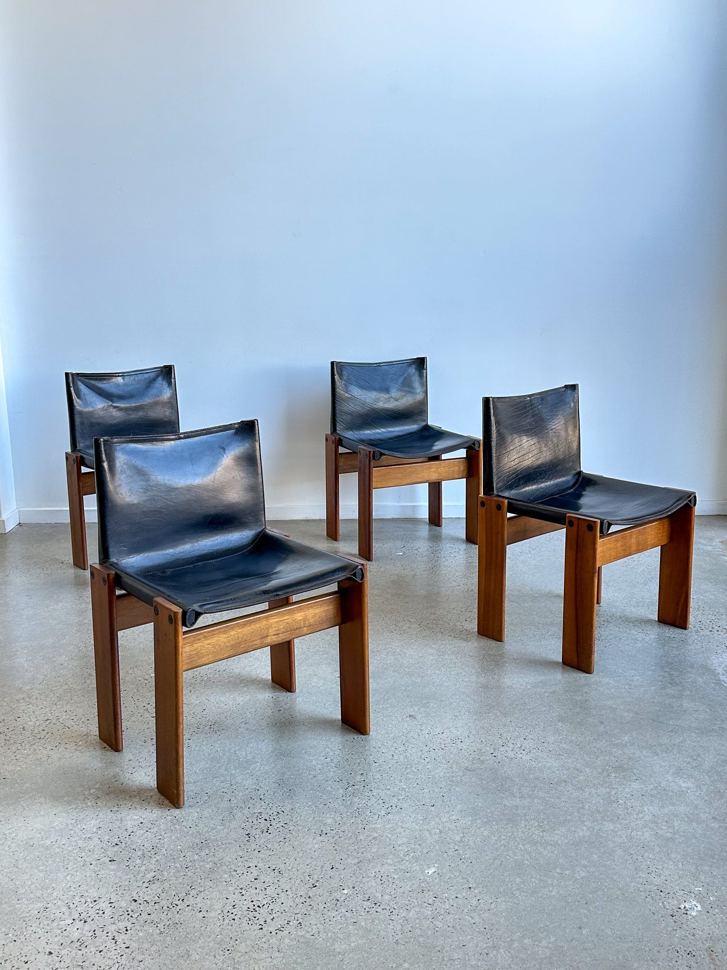 "Monk" Set of Four Black Leather & Walnut Timber Chairs by Afra and Tobia Scarpa for Molteni