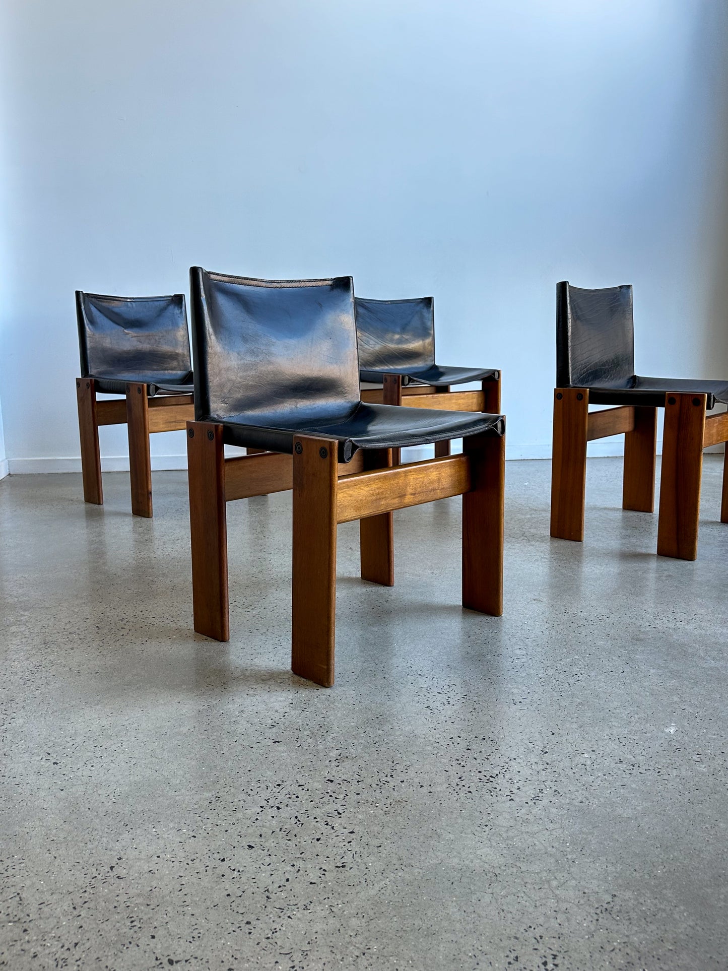 "Monk" Set of Four Black Leather & Walnut Timber Chairs by Afra and Tobia Scarpa for Molteni