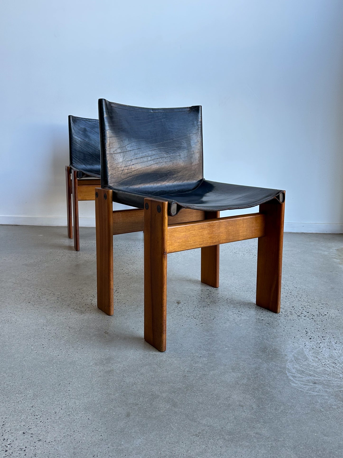 "Monk" Set of Four Black Leather & Walnut Timber Chairs by Afra and Tobia Scarpa for Molteni