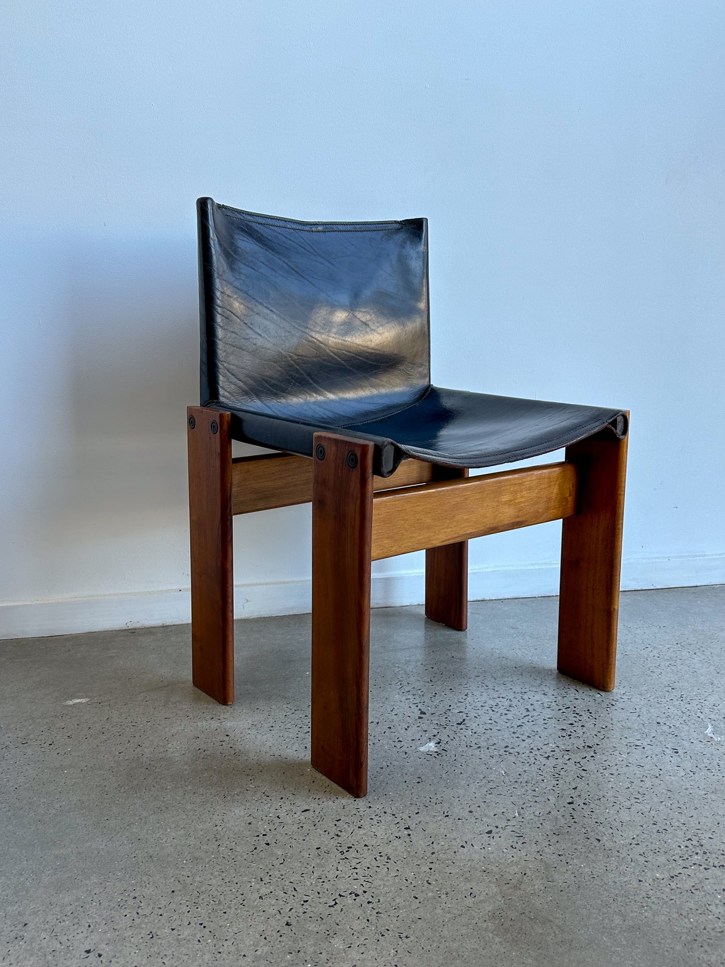 "Monk" Set of Four Black Leather & Walnut Timber Chairs by Afra and Tobia Scarpa for Molteni