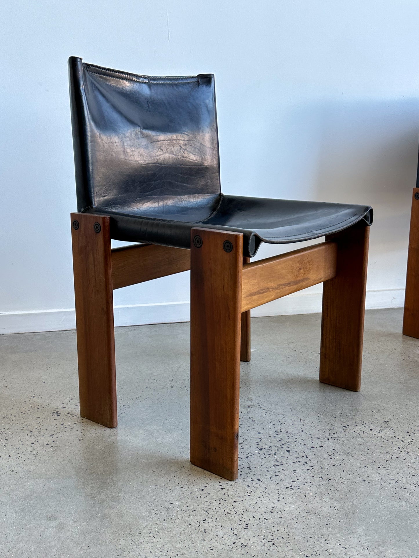 "Monk" Set of Four Black Leather & Walnut Timber Chairs by Afra and Tobia Scarpa for Molteni