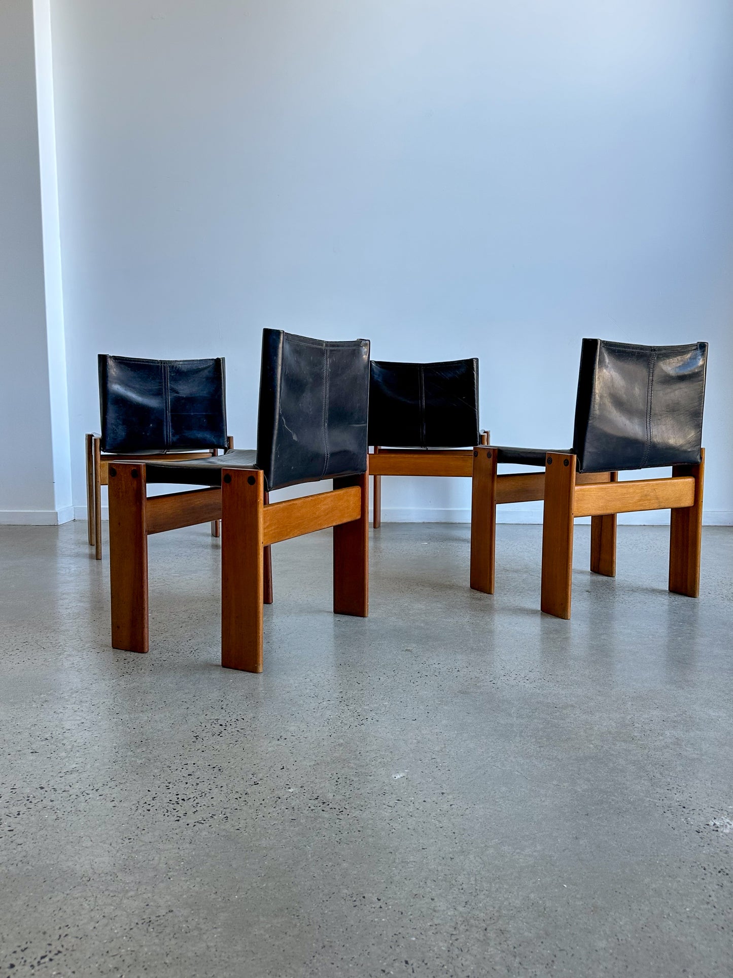 "Monk" Set of Four Black Leather & Walnut Timber Chairs by Afra and Tobia Scarpa for Molteni