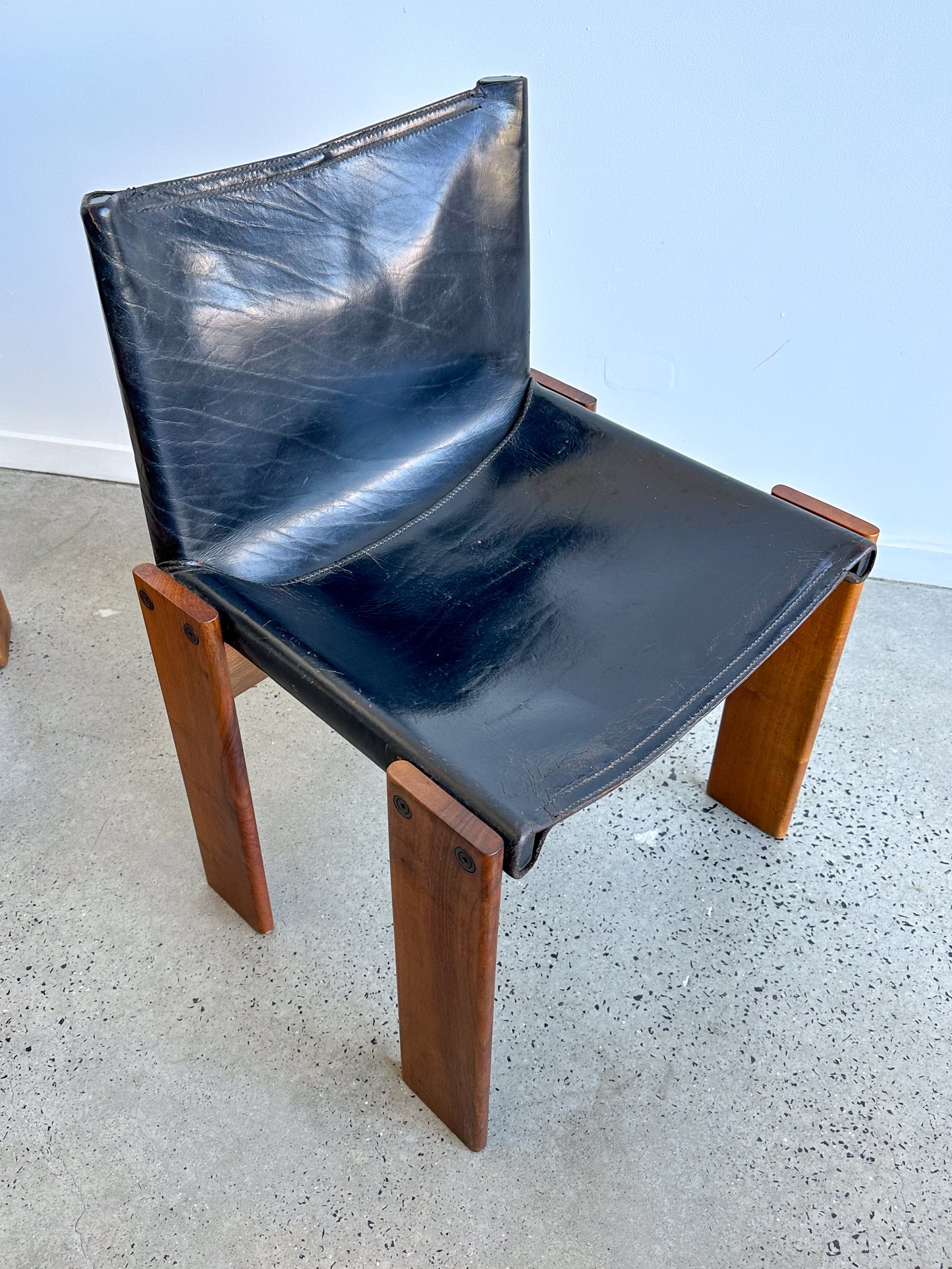 "Monk" Set of Four Black Leather & Walnut Timber Chairs by Afra and Tobia Scarpa for Molteni