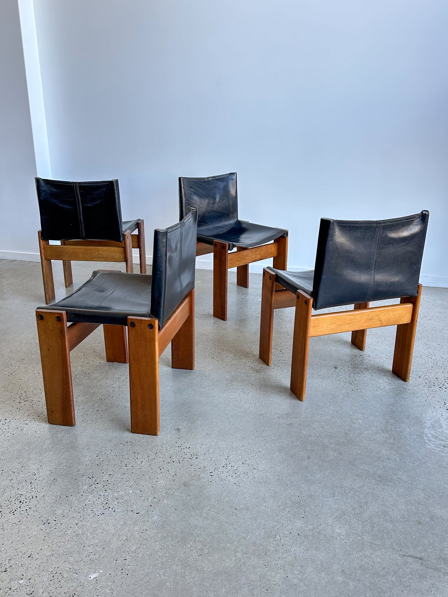 "Monk" Set of Four Black Leather & Walnut Timber Chairs by Afra and Tobia Scarpa for Molteni