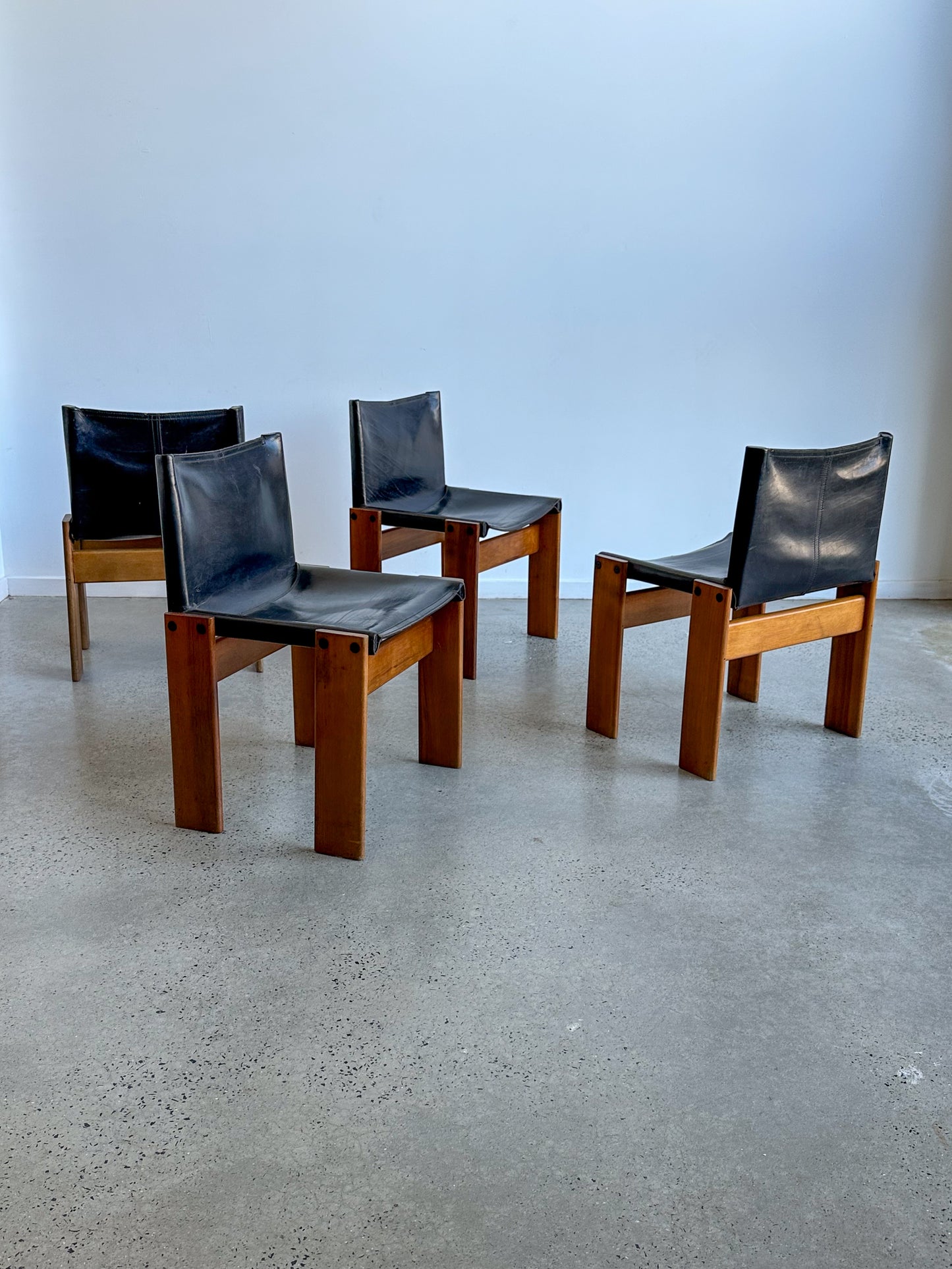 "Monk" Set of Four Black Leather & Walnut Timber Chairs by Afra and Tobia Scarpa for Molteni