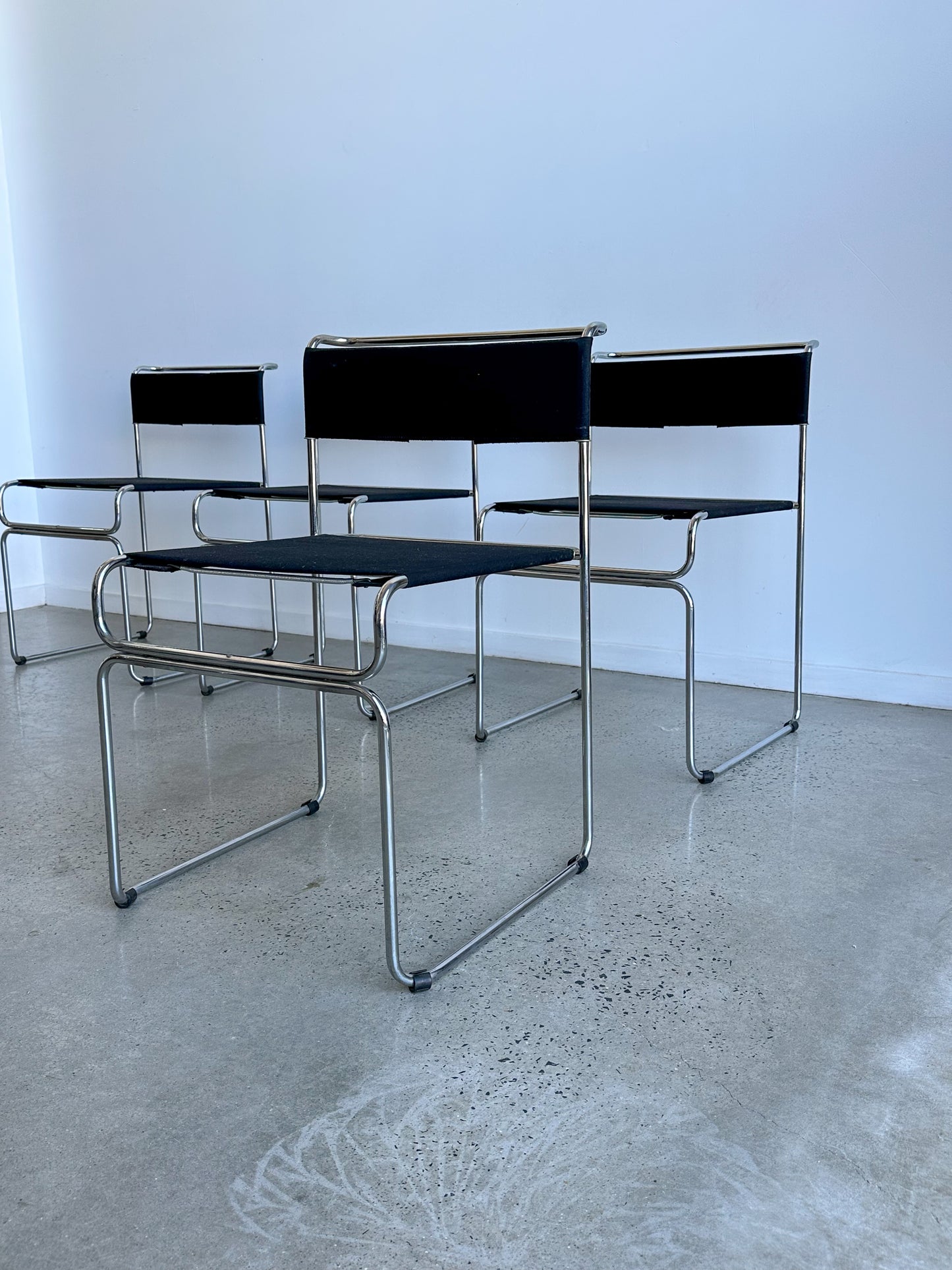 "Libellula" by Giovanni Carini for Planula Set of Six Chrome & Black Fabric Chairs  1970s