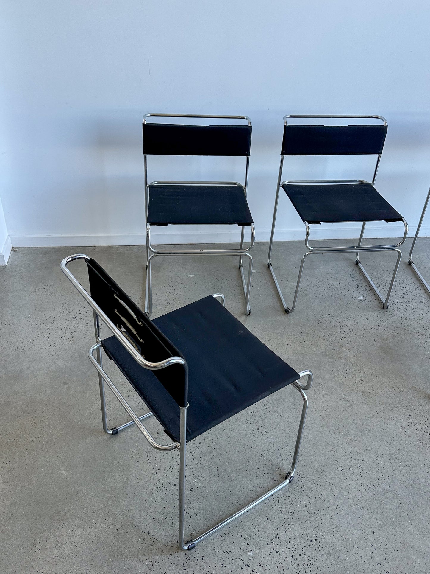 " Libellula" by Giovanni Carini for Planula Set of Six Chrome & Black Fabric Chairs  1970s