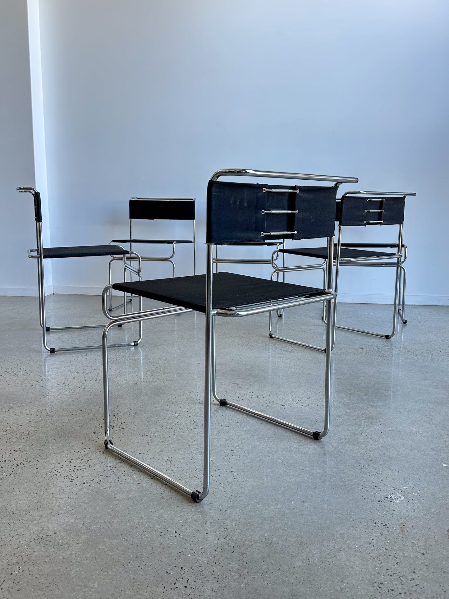 "Libellula" by Giovanni Carini for Planula Set of Six Chrome & Black Fabric Chairs  1970s