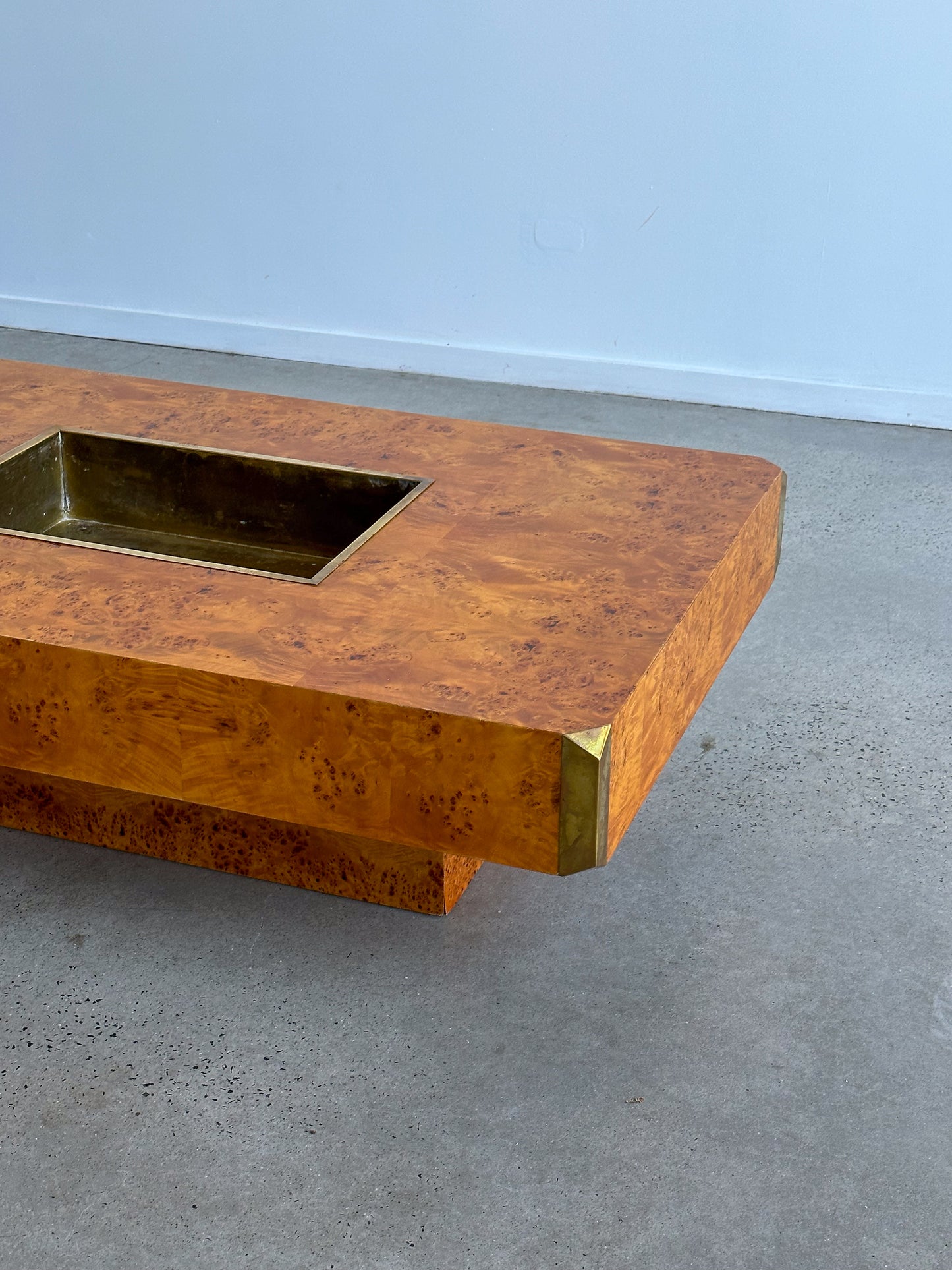 "Alveo" by Willy Rizzo for Mario Sabot Burlwood Brass Coffee Table 1970s