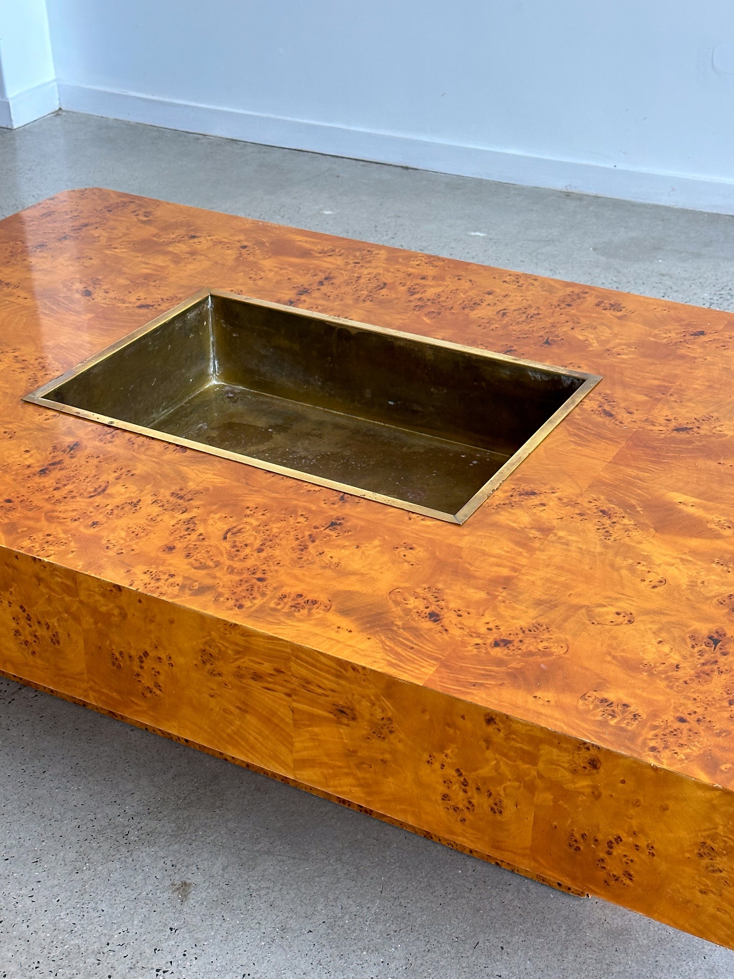 "Alveo" by Willy Rizzo for Mario Sabot Burlwood Brass Coffee Table 1970s