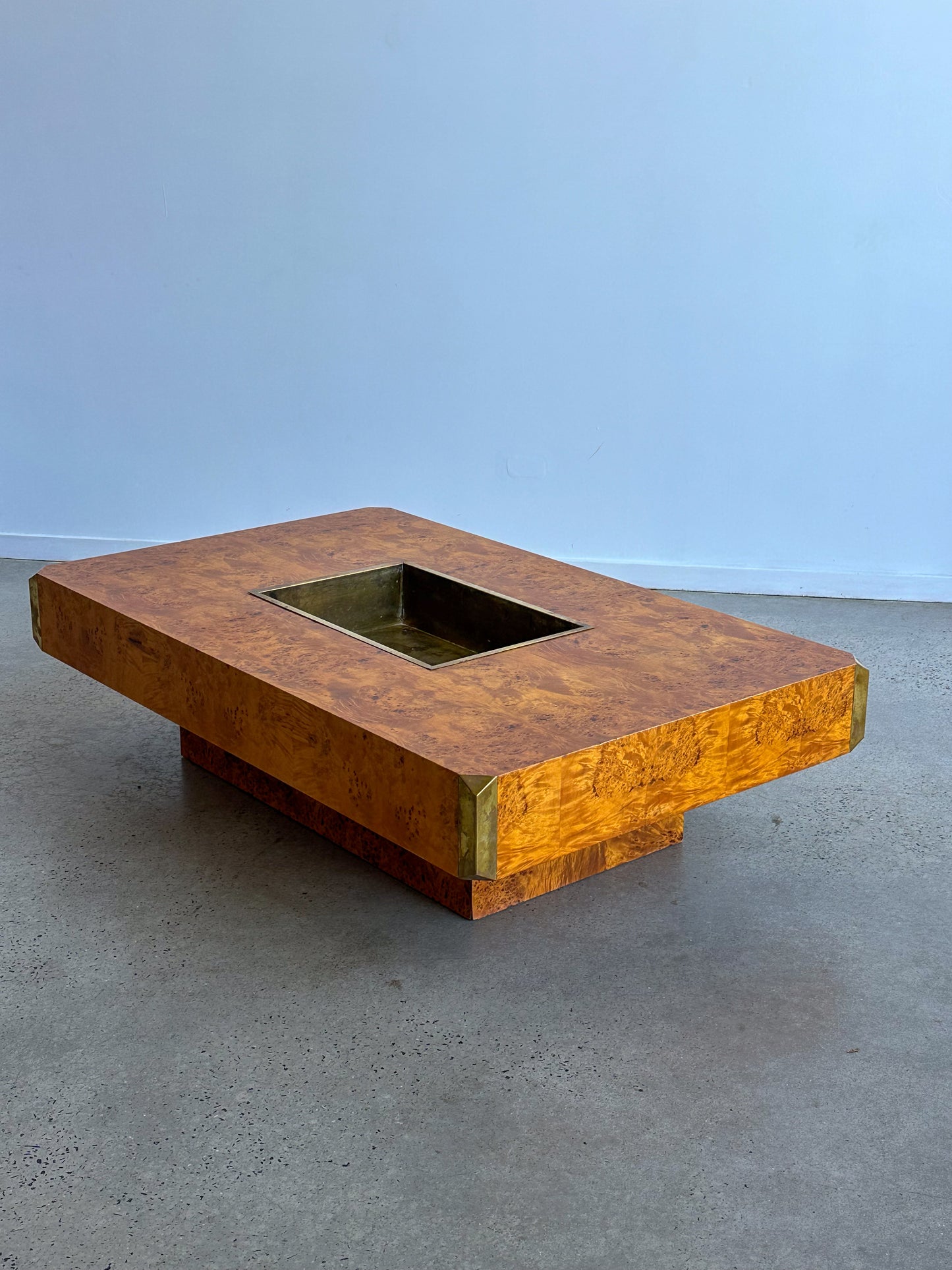 "Alveo" by Willy Rizzo for Mario Sabot Burlwood Brass Coffee Table 1970s