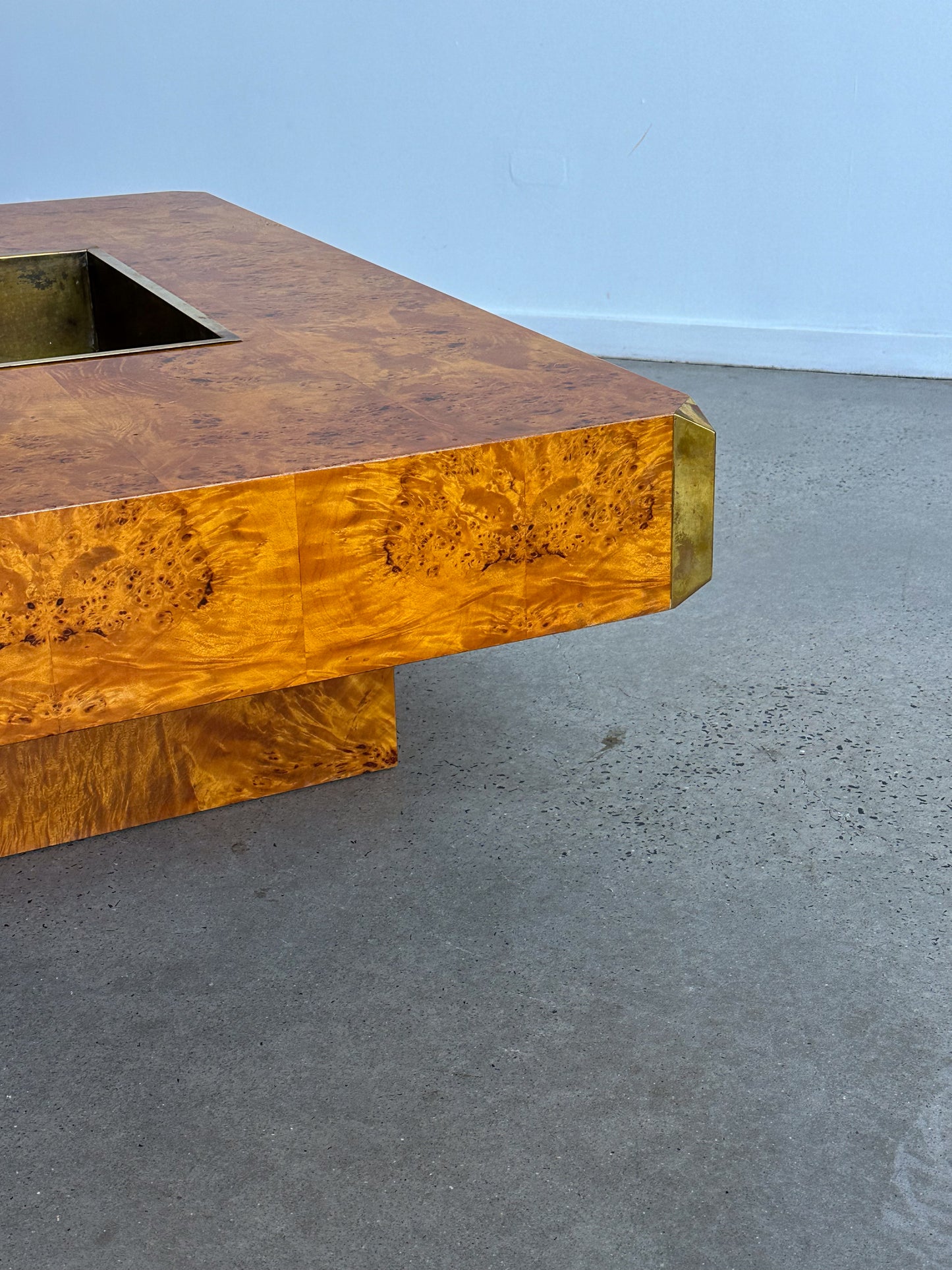 "Alveo" by Willy Rizzo for Mario Sabot Burlwood Brass Coffee Table 1970s