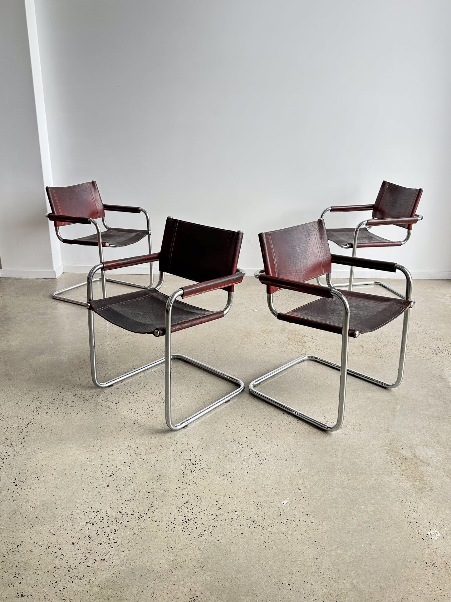 S34 Marcel Breuer Brown Leather & Chrome Set of Six Chairs 1970s