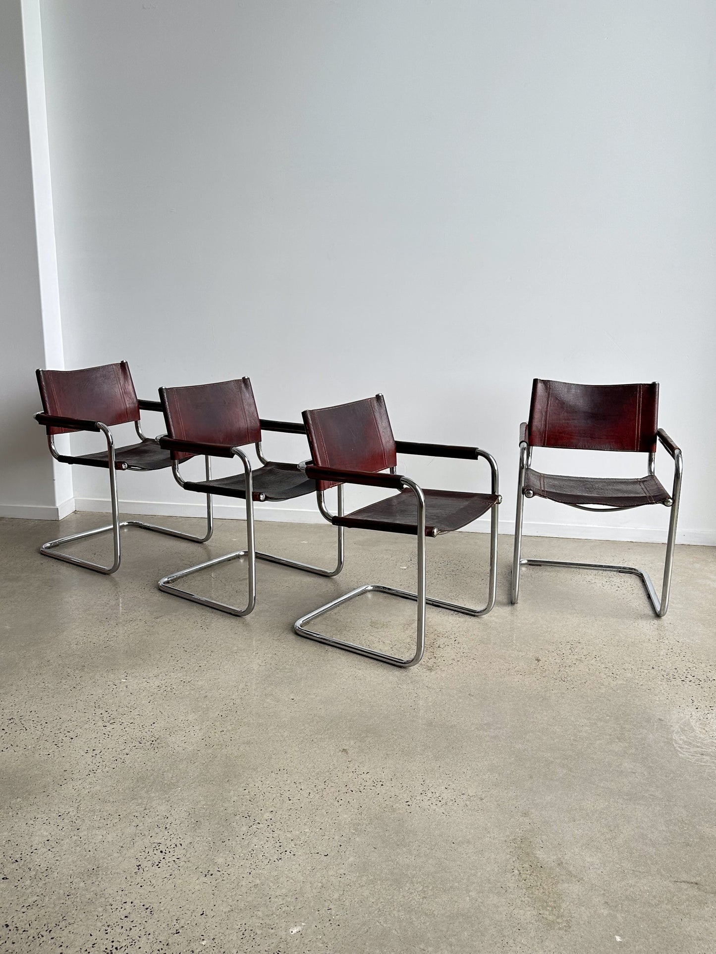 S33 Marcel Breuer Brown Leather & Chrome Set of Six Chairs 1970s