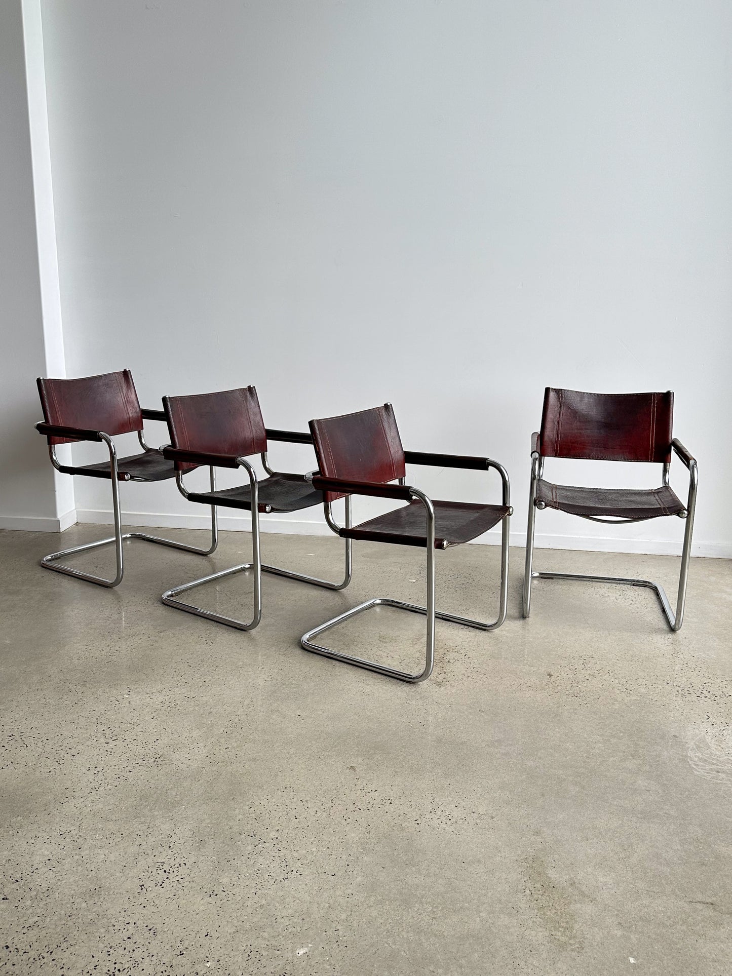 S34 Marcel Breuer Brown Leather & Chrome Set of Six Chairs 1970s