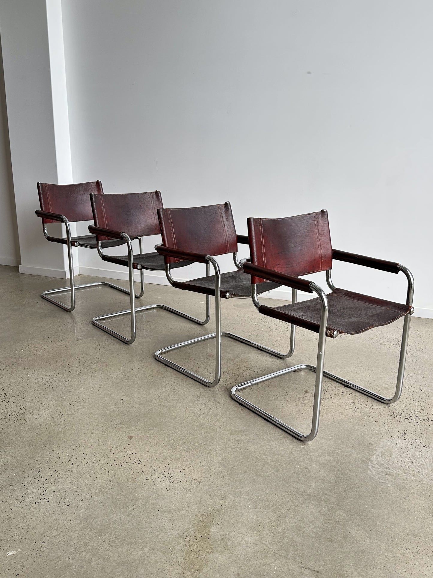 S33 Marcel Breuer Brown Leather & Chrome Set of Six Chairs 1970s
