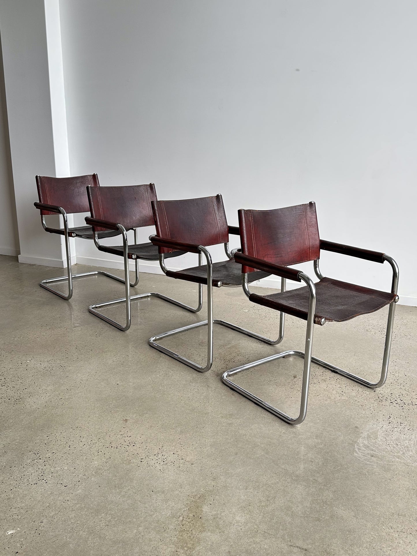 S34 Marcel Breuer Brown Leather & Chrome Set of Six Chairs 1970s