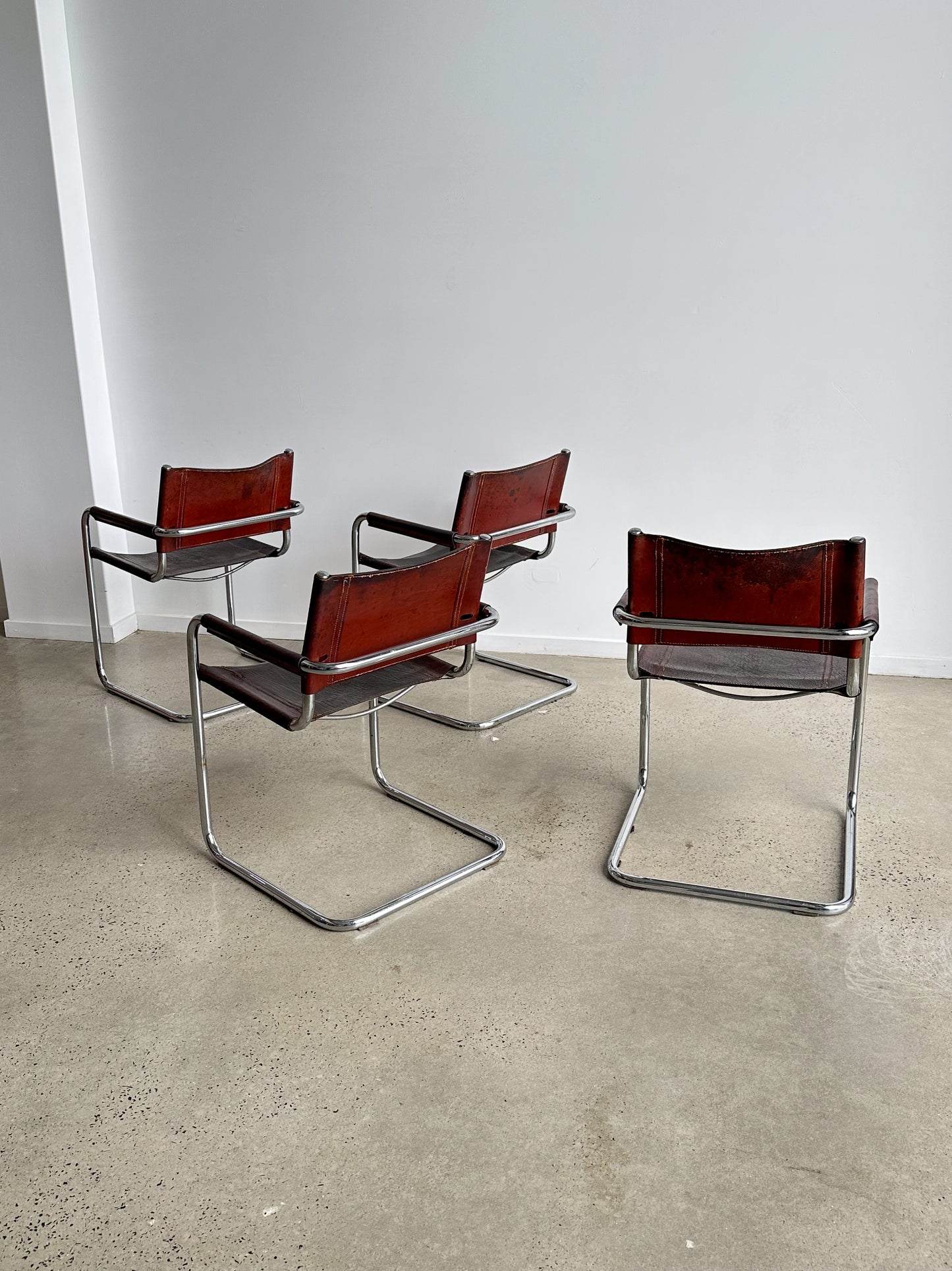 S34 Marcel Breuer Brown Leather & Chrome Set of Six Chairs 1970s