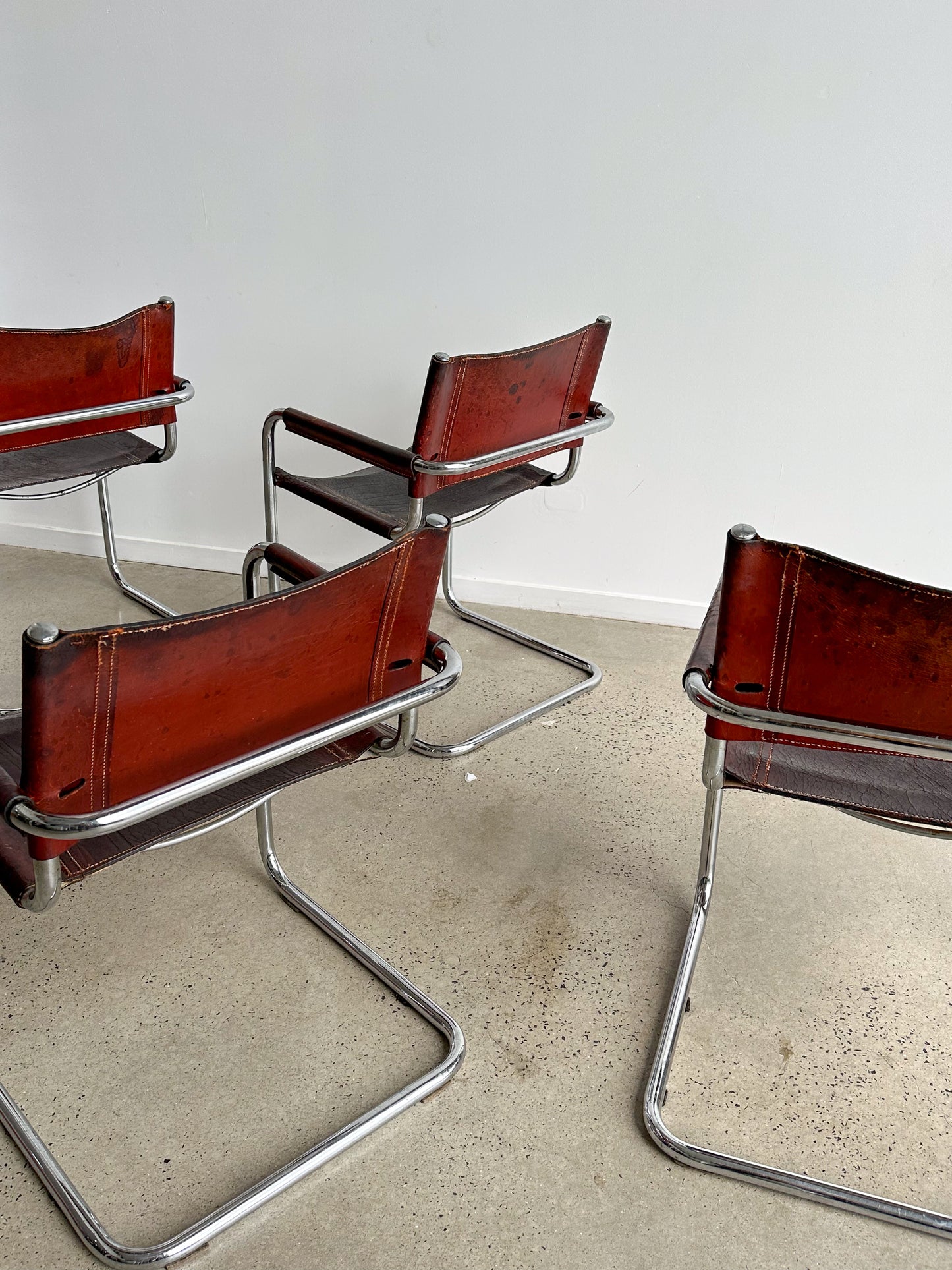 S34 Marcel Breuer Brown Leather & Chrome Set of Six Chairs 1970s