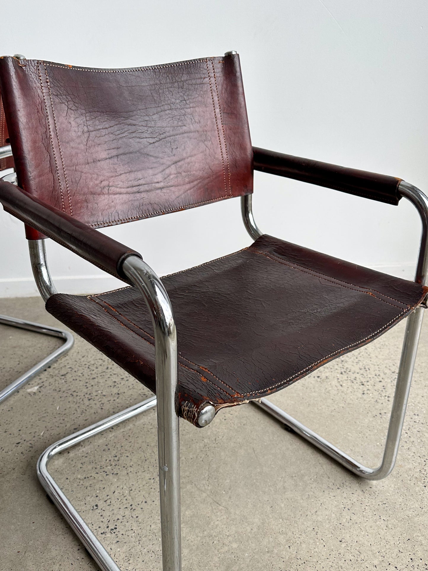 S34 Marcel Breuer Brown Leather & Chrome Set of Six Chairs 1970s