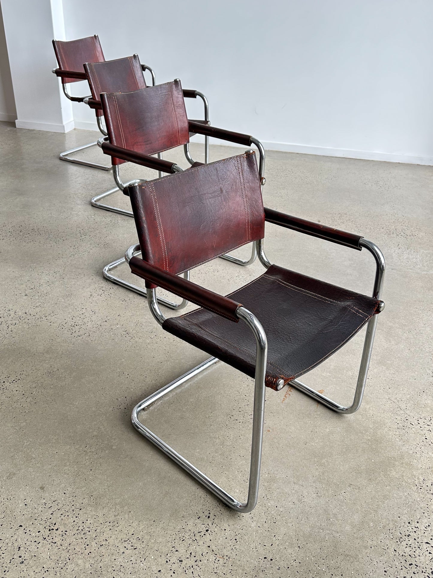 S34 Marcel Breuer Brown Leather & Chrome Set of Six Chairs 1970s