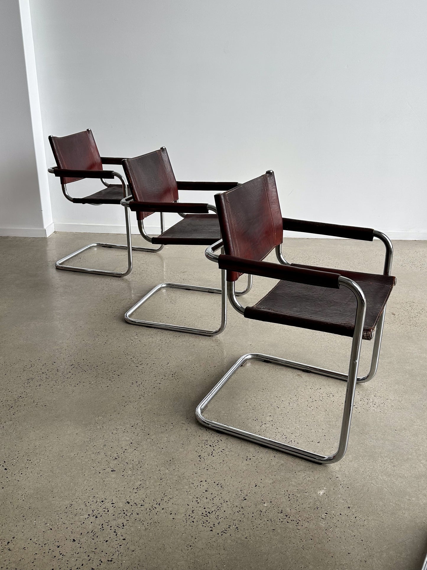 S34 Marcel Breuer Brown Leather & Chrome Set of Six Chairs 1970s