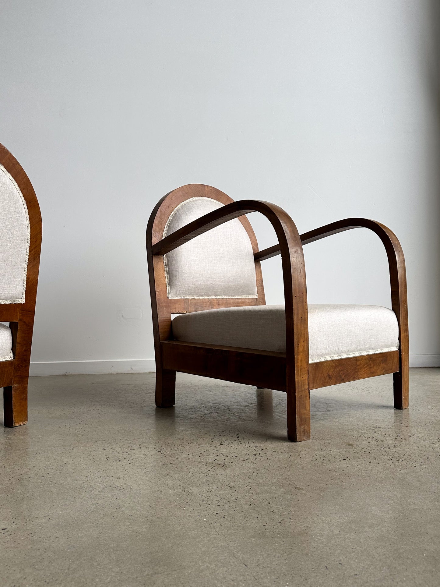 Italian Art Deco Set of Two Fabric & Mahogany Armchairs