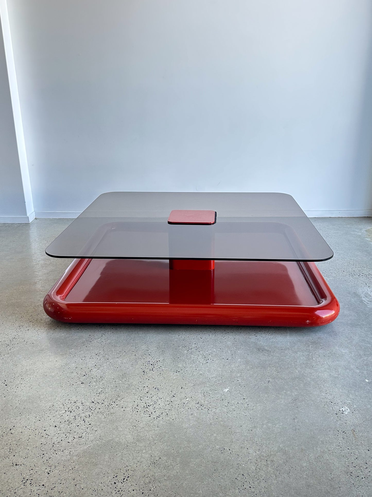 Marzio Cecchi for Studio Most Dark Red Metal & Smoked Glass Large Square Floating Coffee Table 1970