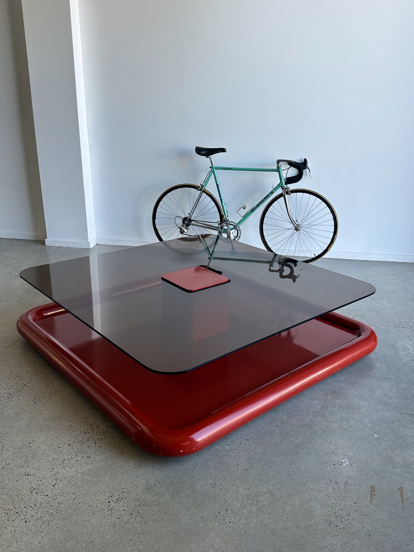 Marzio Cecchi for Studio Most Dark Red Metal & Smoked Glass Large Square Floating Coffee Table 1970