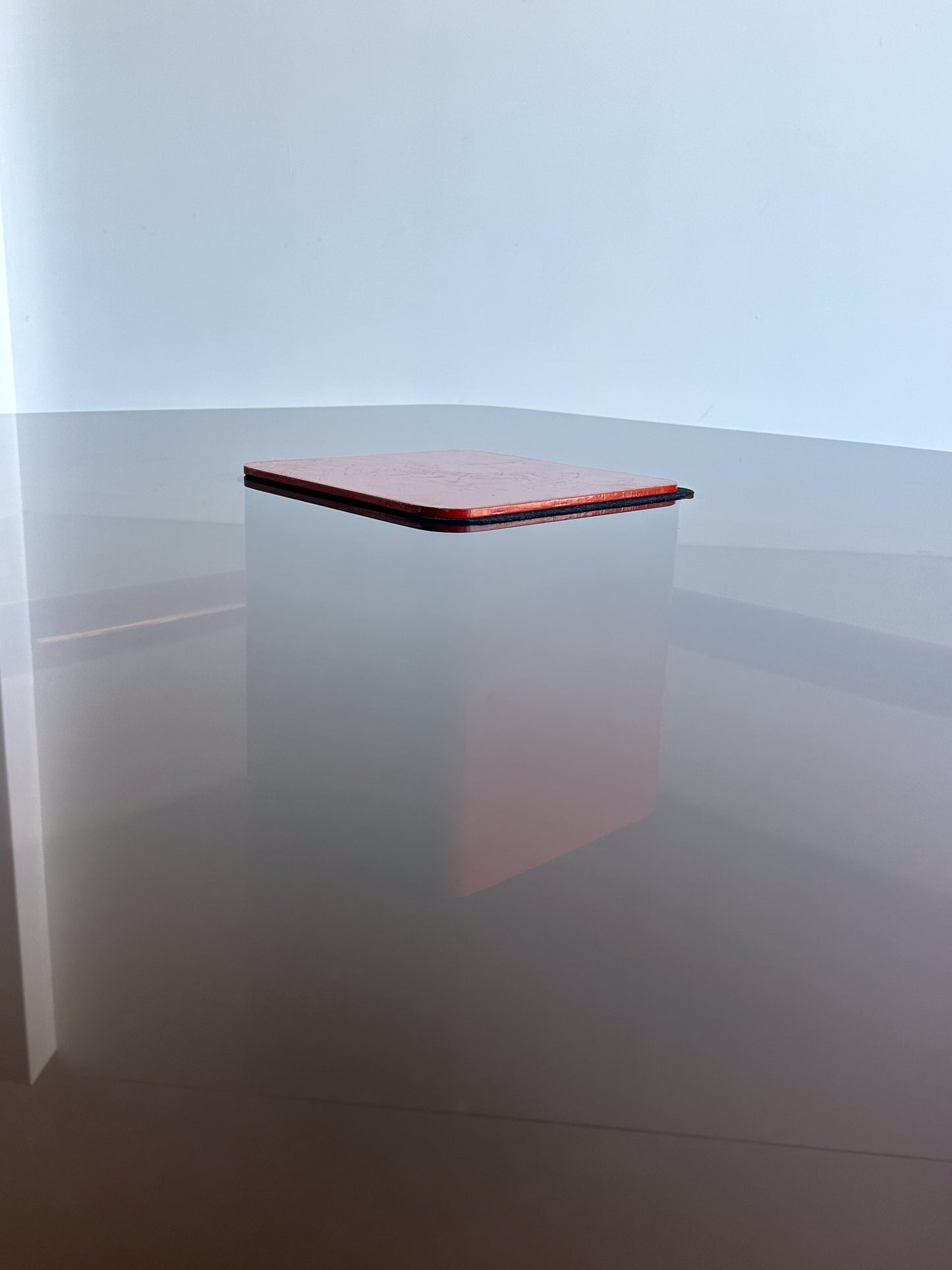 Marzio Cecchi for Studio Most Dark Red Metal & Smoked Glass Large Square Floating Coffee Table 1970