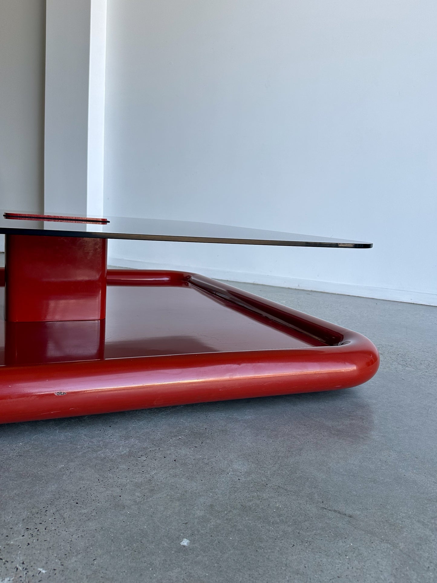 Marzio Cecchi for Studio Most Dark Red Metal & Smoked Glass Large Square Floating Coffee Table 1970