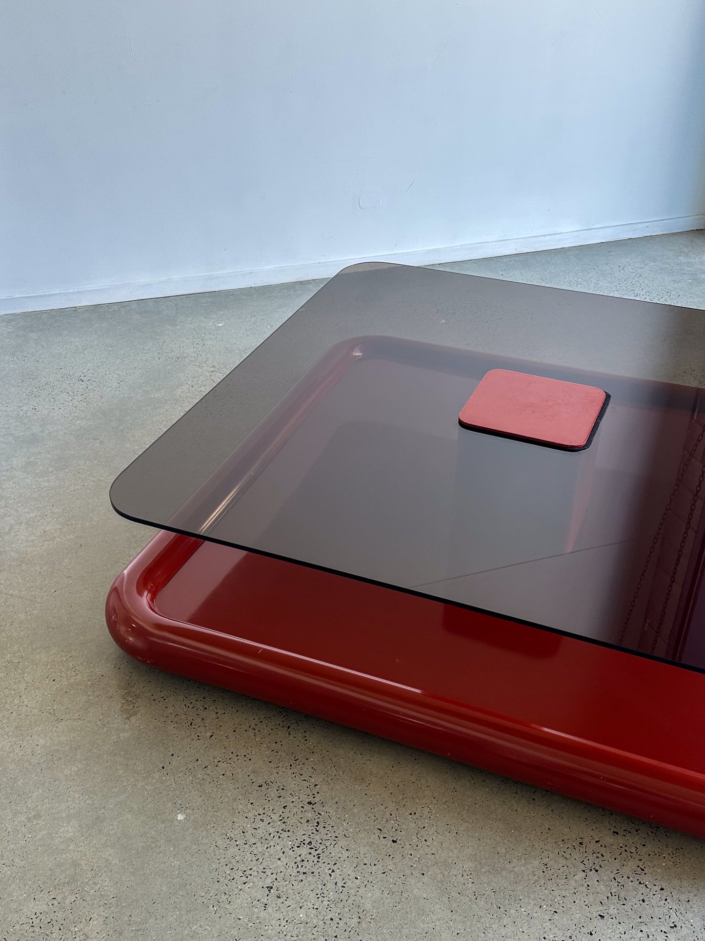 Marzio Cecchi for Studio Most Dark Red Metal & Smoked Glass Large Square Floating Coffee Table 1970