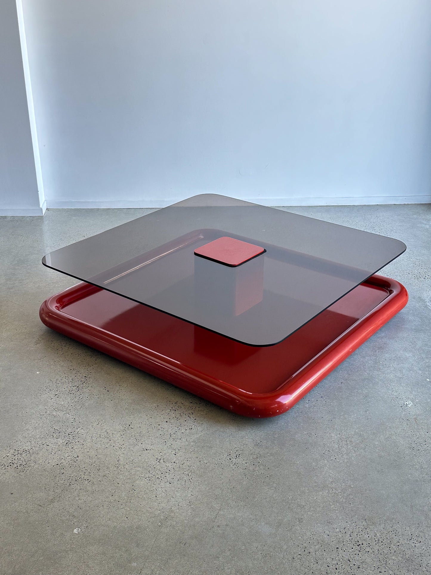 Marzio Cecchi for Studio Most Dark Red Metal & Smoked Glass Large Square Floating Coffee Table 1970