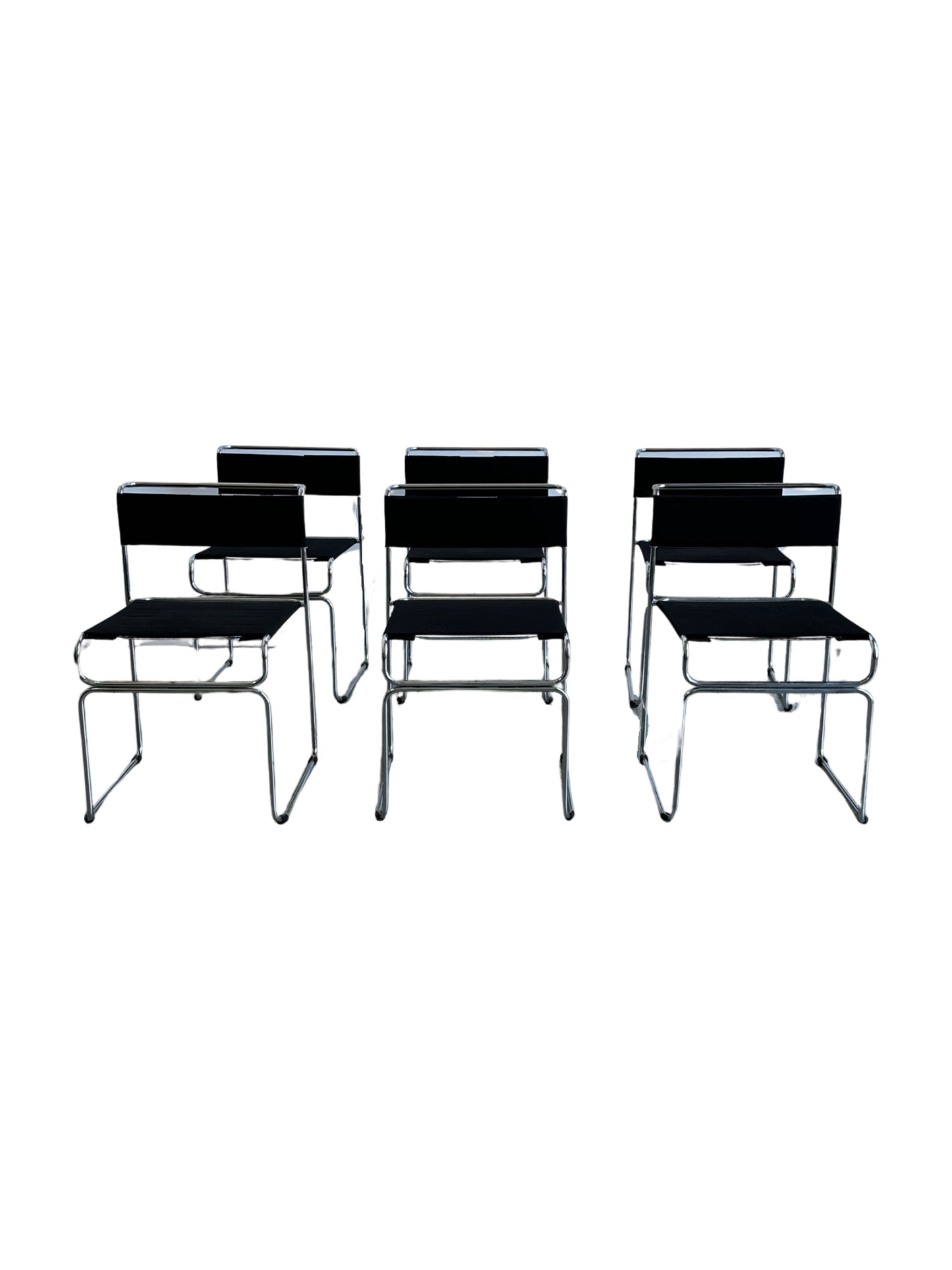 "Libellula" by Giovanni Carini for Planula Set of Six Chrome & Black Fabric Chairs  1970s