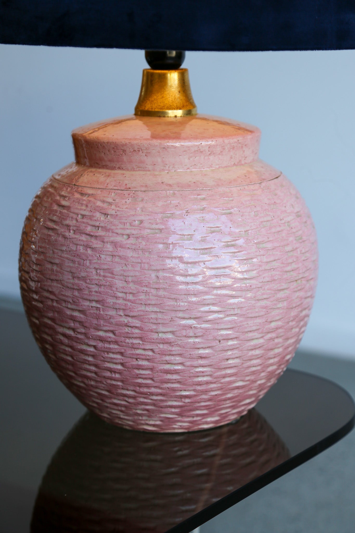 Italian 1970s ceramic table lamp with velvet shade - Lumini Collections