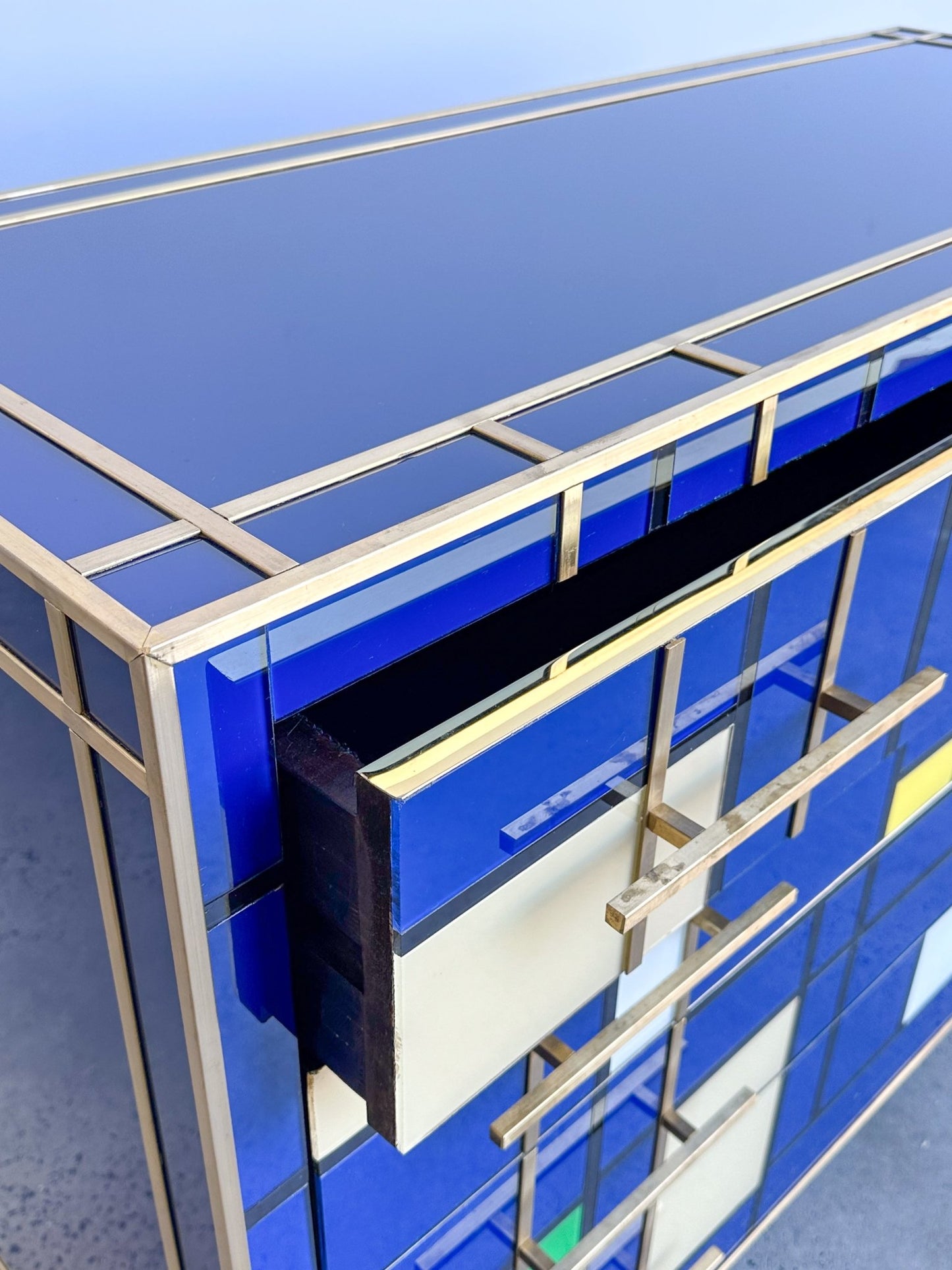 Italian Contemporary Murano blue Glass, Brass & Wood Chest of Drawers - Lumini Collections